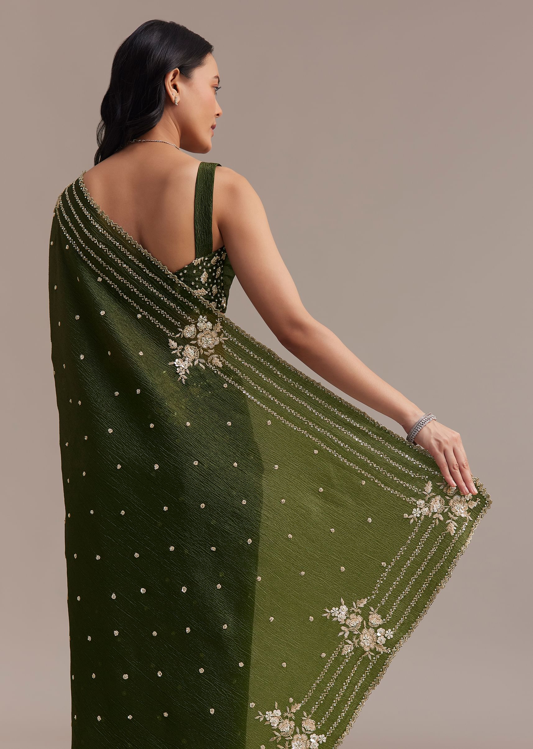 Mehendi Green Crushed Tissue Saree With Embroidered Border