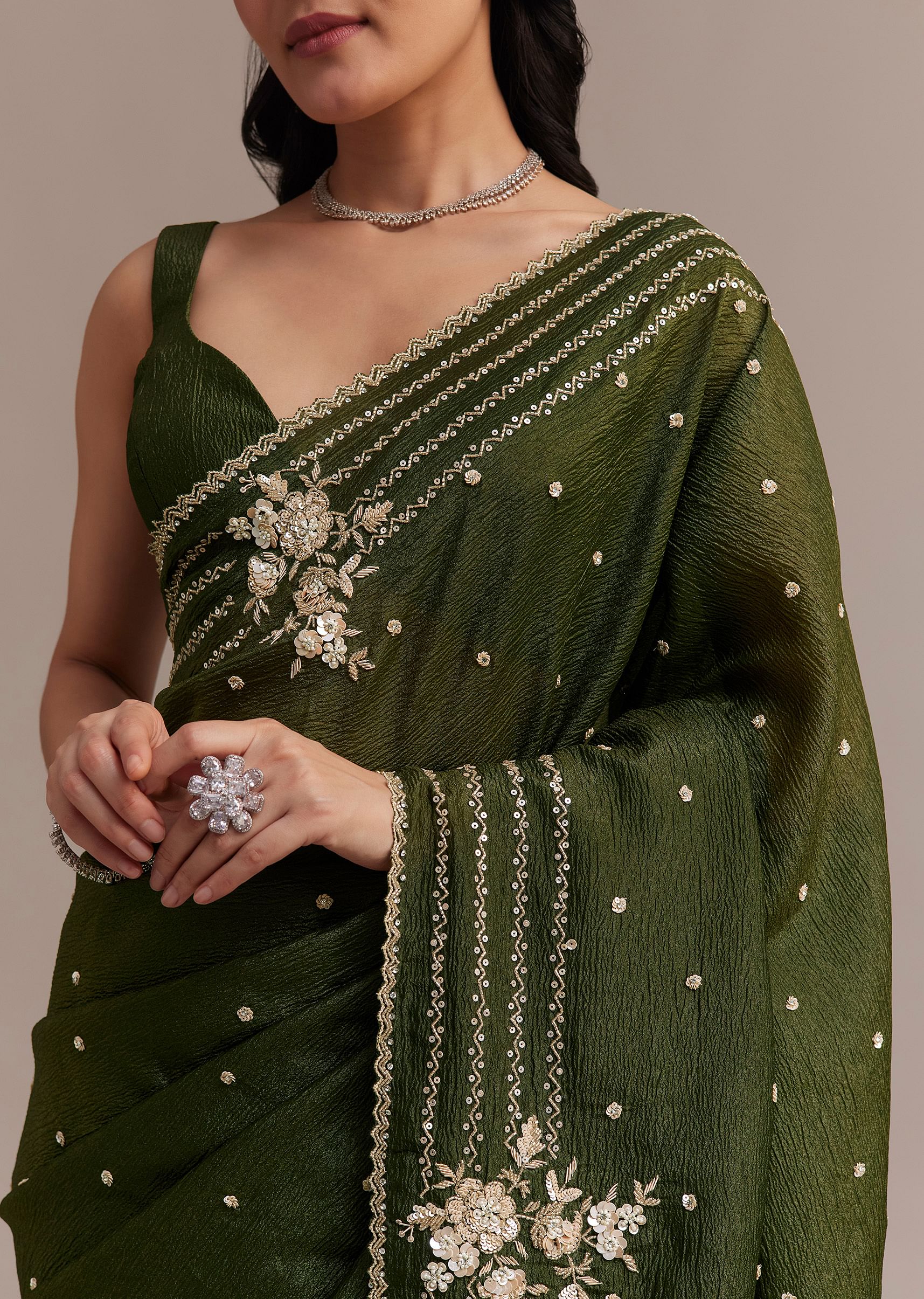 Mehendi Green Crushed Tissue Saree With Embroidered Border