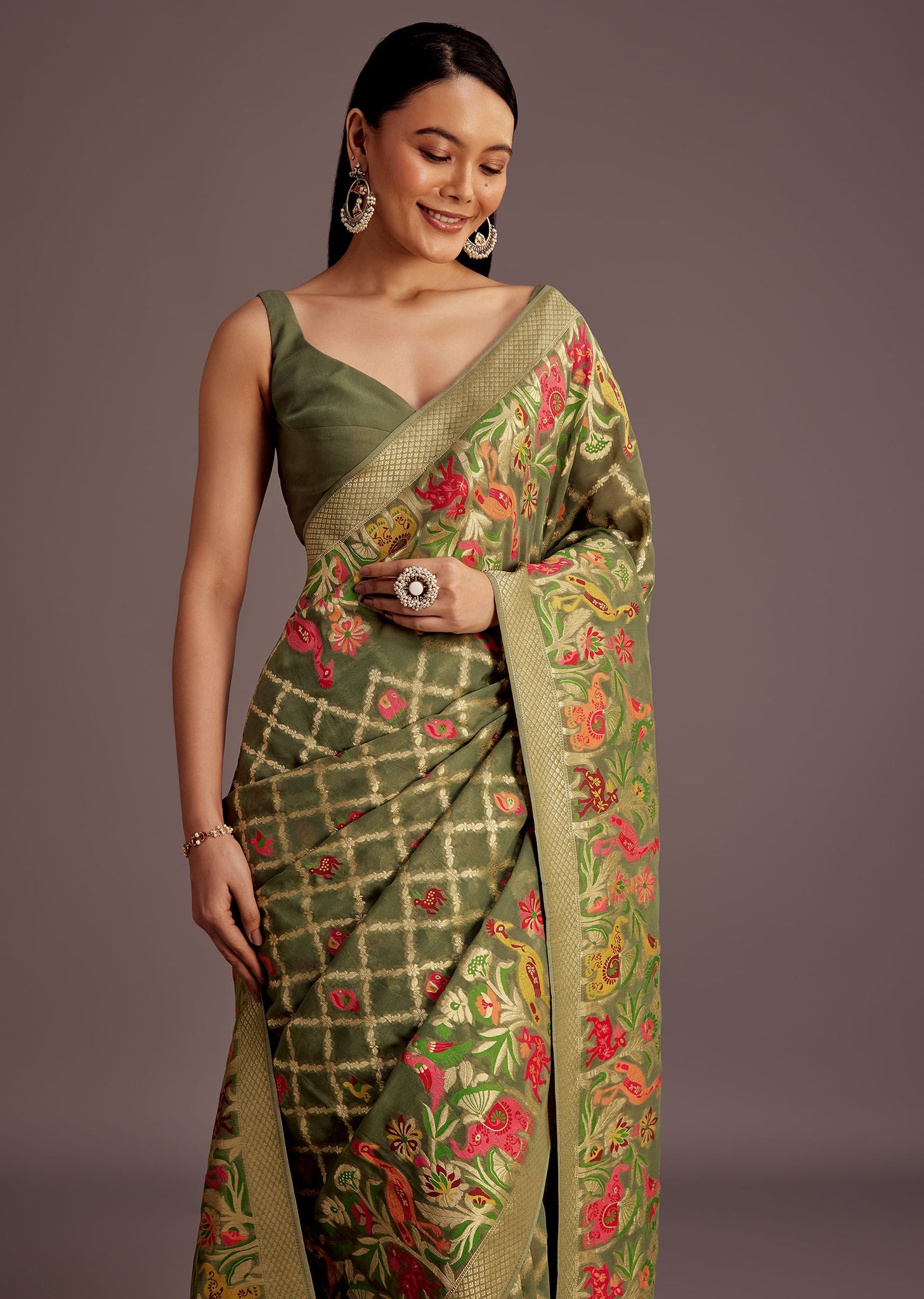Mehendi Green Georgette Saree With Jaal And Animal-Bird Motifs