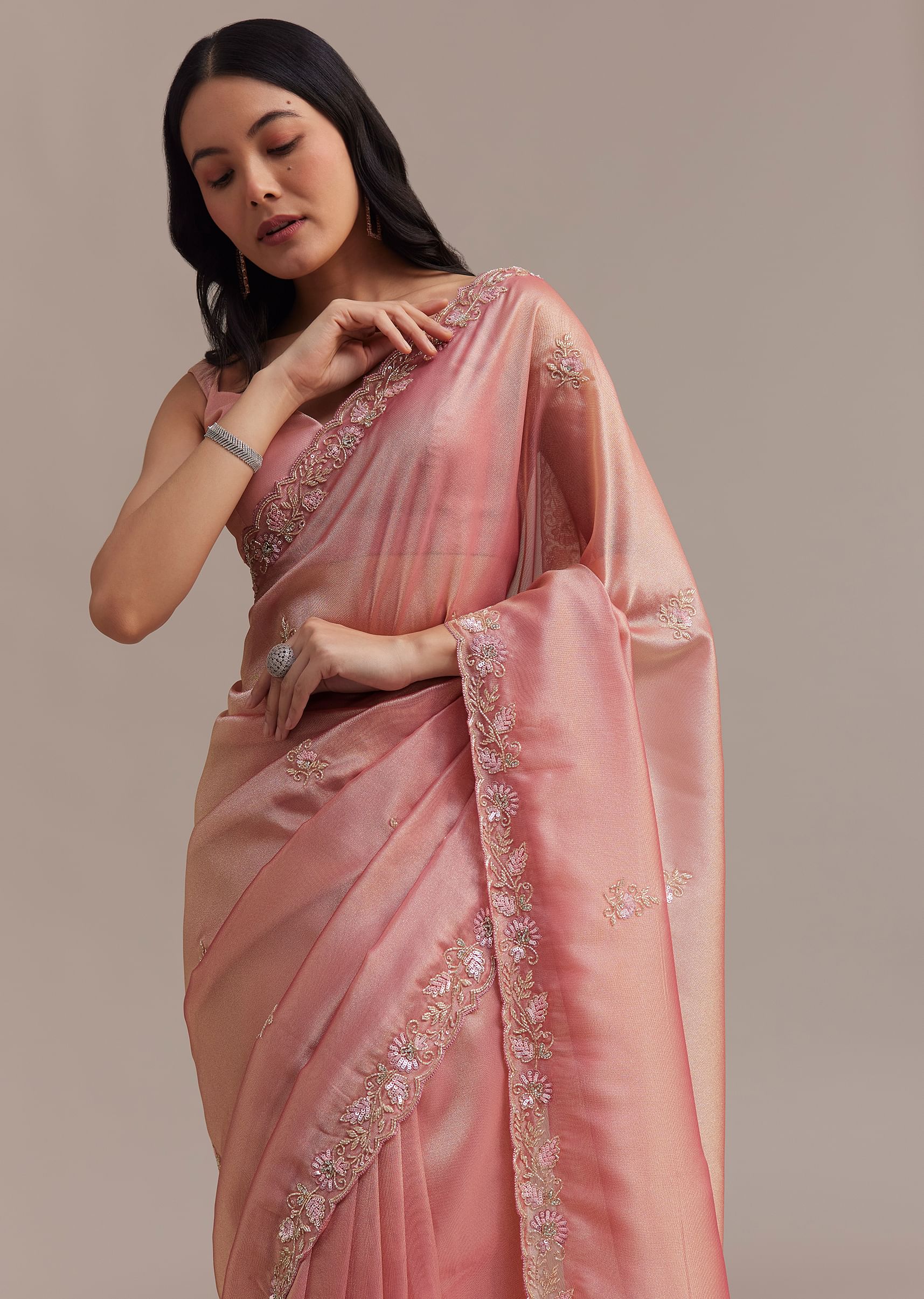 Metallic Pink Organza Tissue Saree With Cutdana And Bead Embroidery