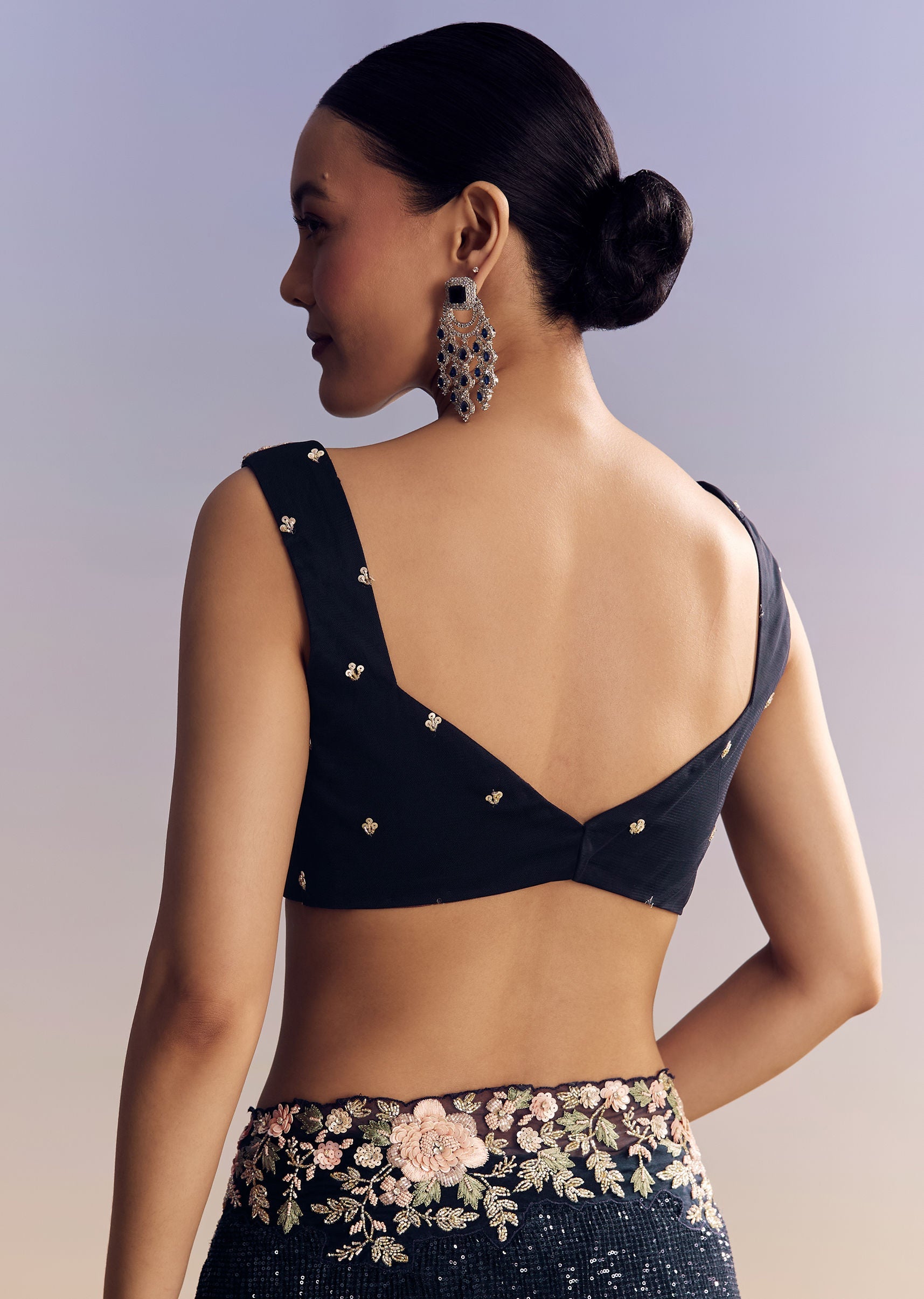 Midnight Blue Half And Half Saree With Floral Sequin Embroidery