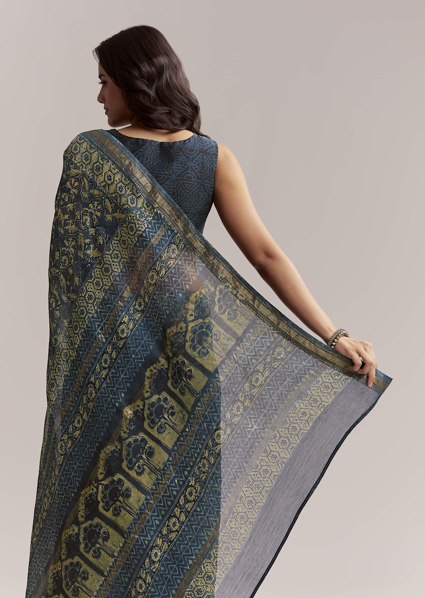 Midnight Blue Linen Printed Saree With Traditional Ajrakh Print