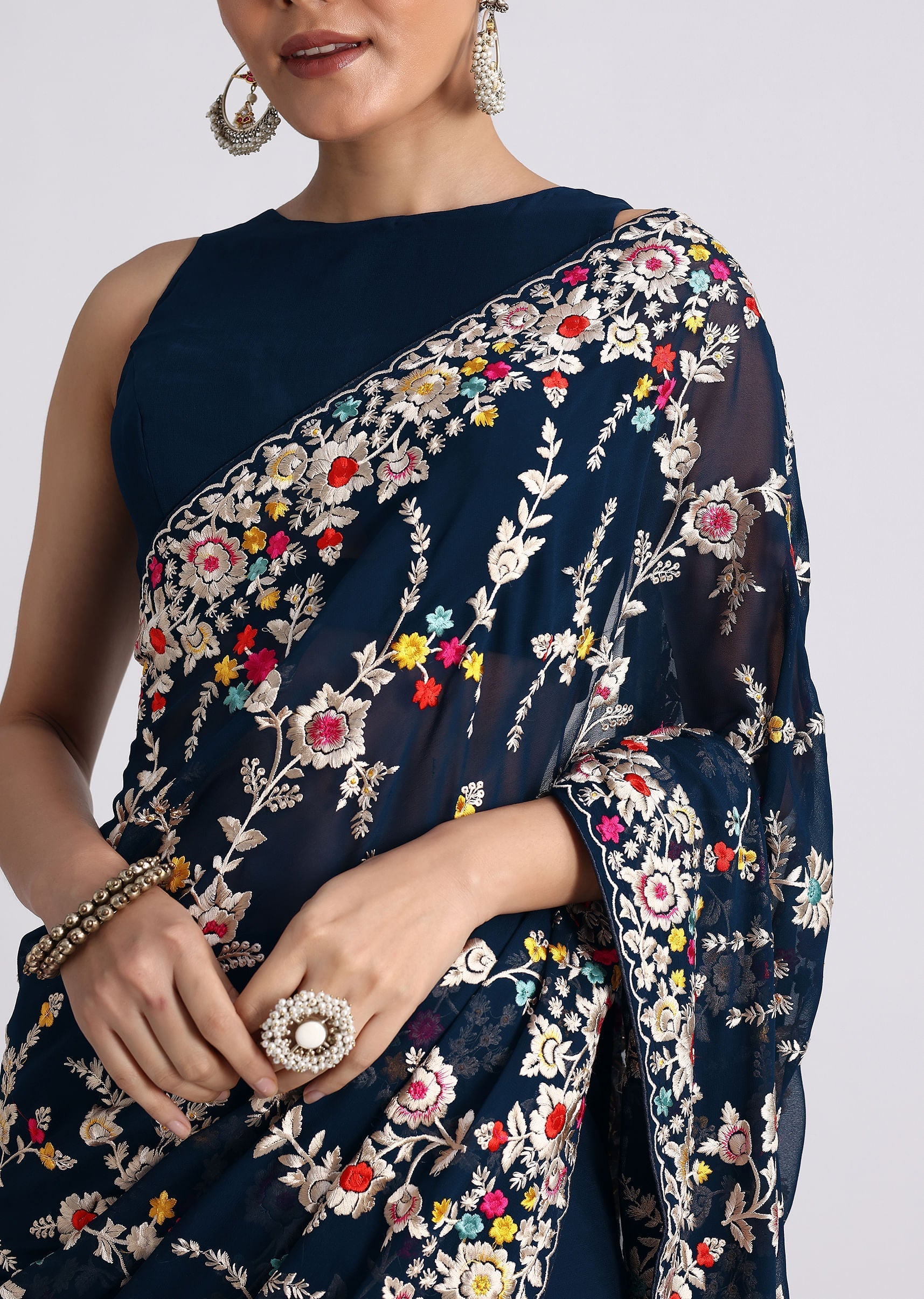 Midnight Blue Saree With Parsi Gara Work