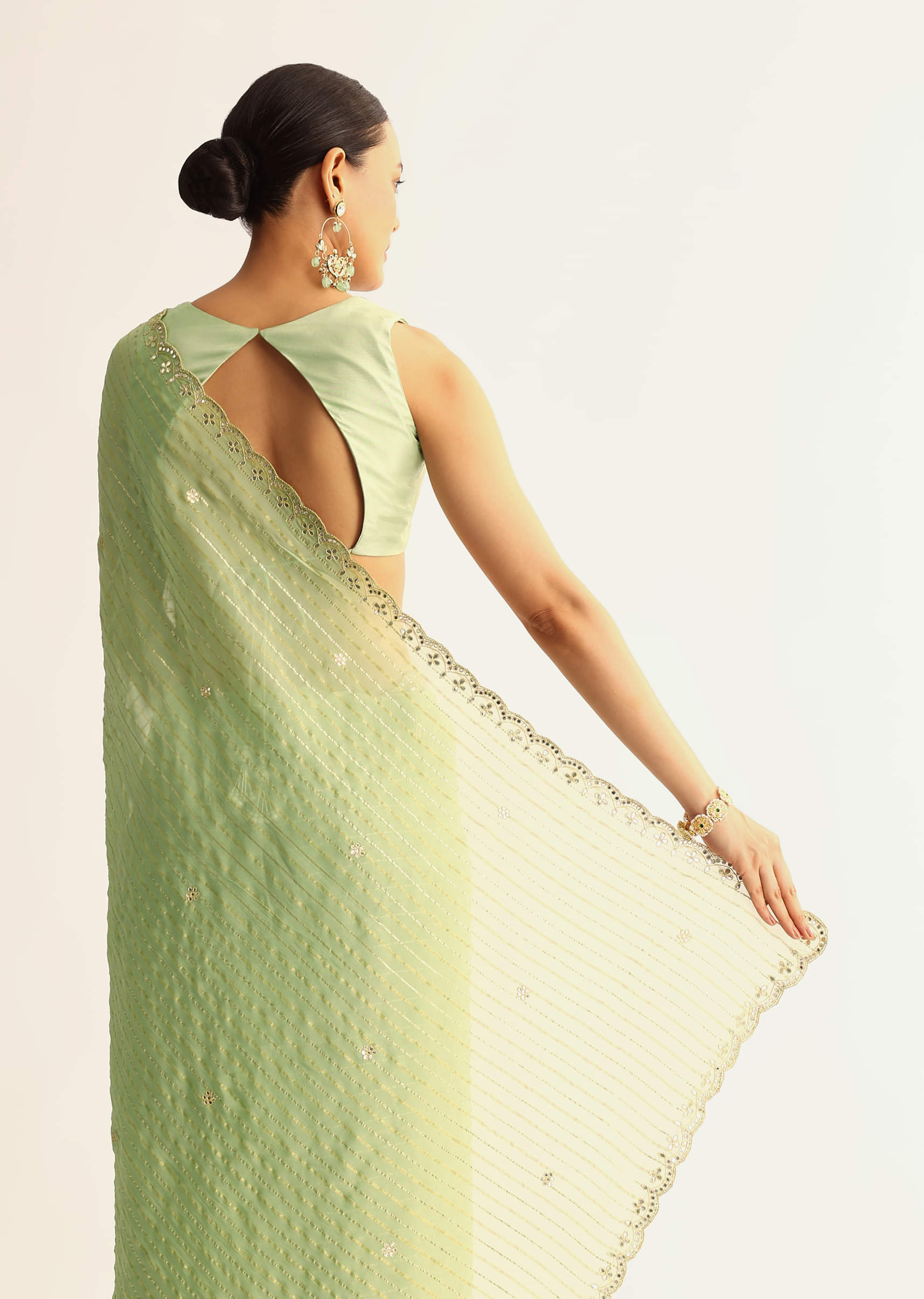 Mint Green Scallop Bordered Saree With Foil Printed Stripes
