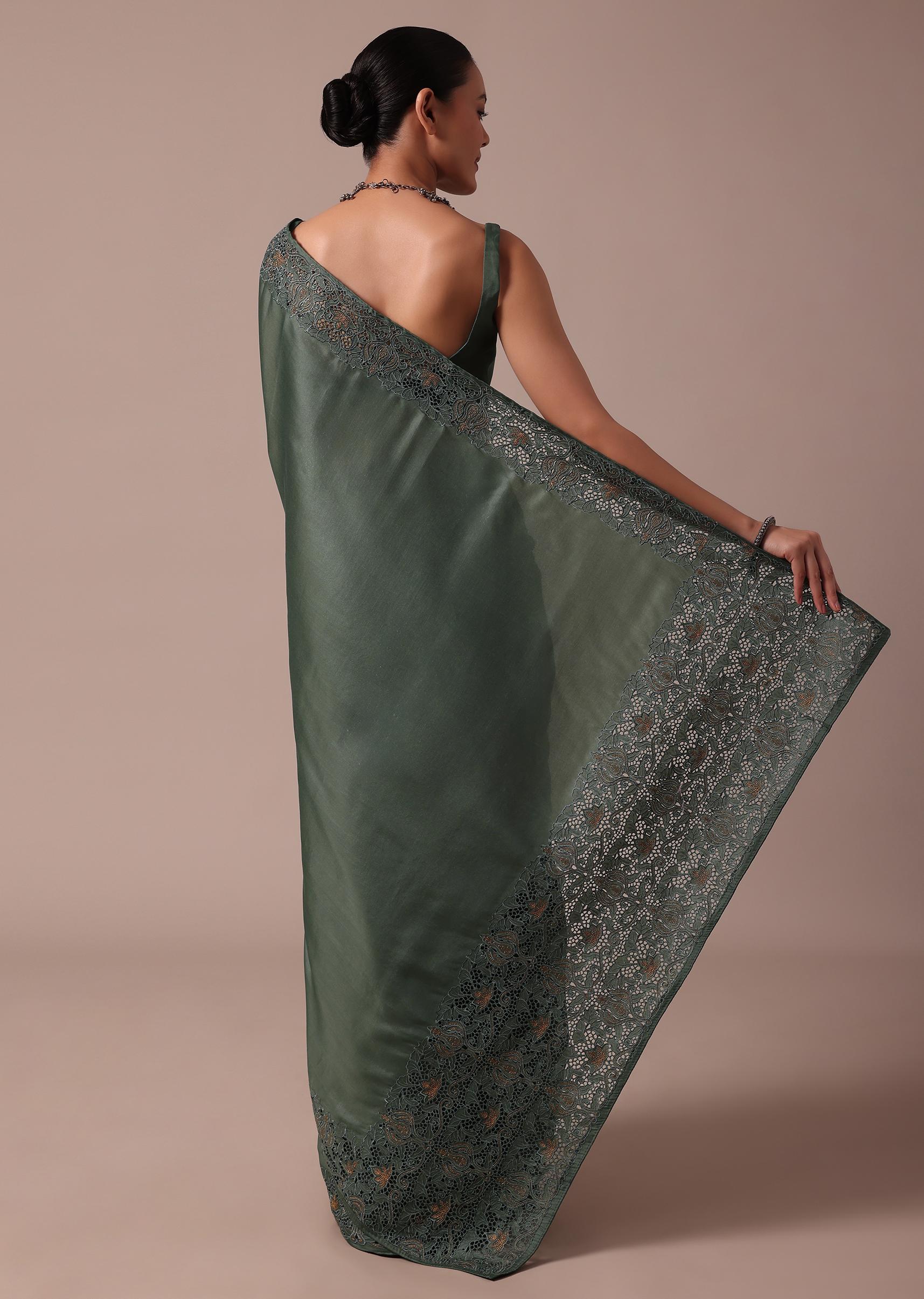 Moss Green Tussar Saree With Unstitched Blouse
