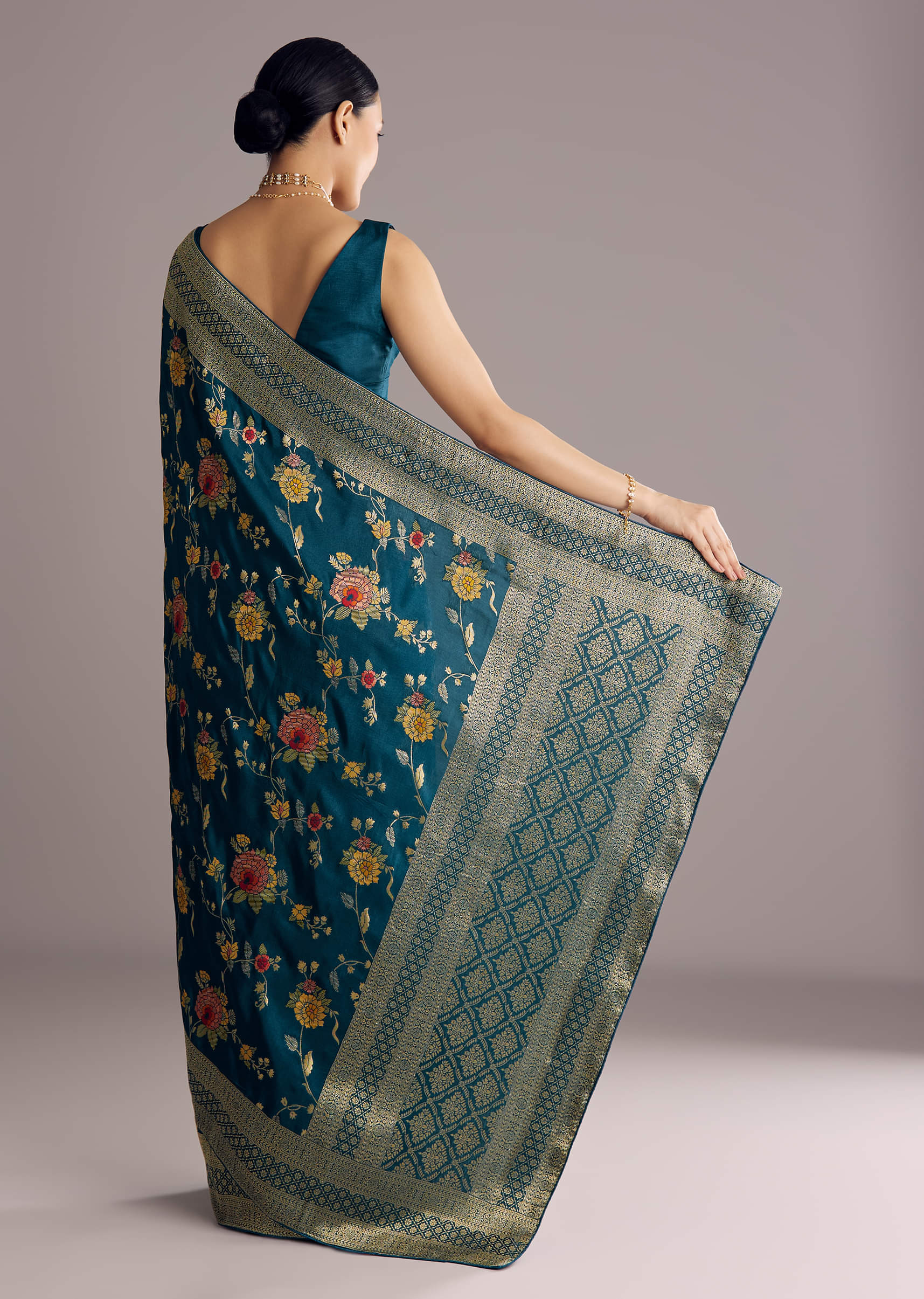 Multicolor Dola Silk Floral Jaal Woven Saree
