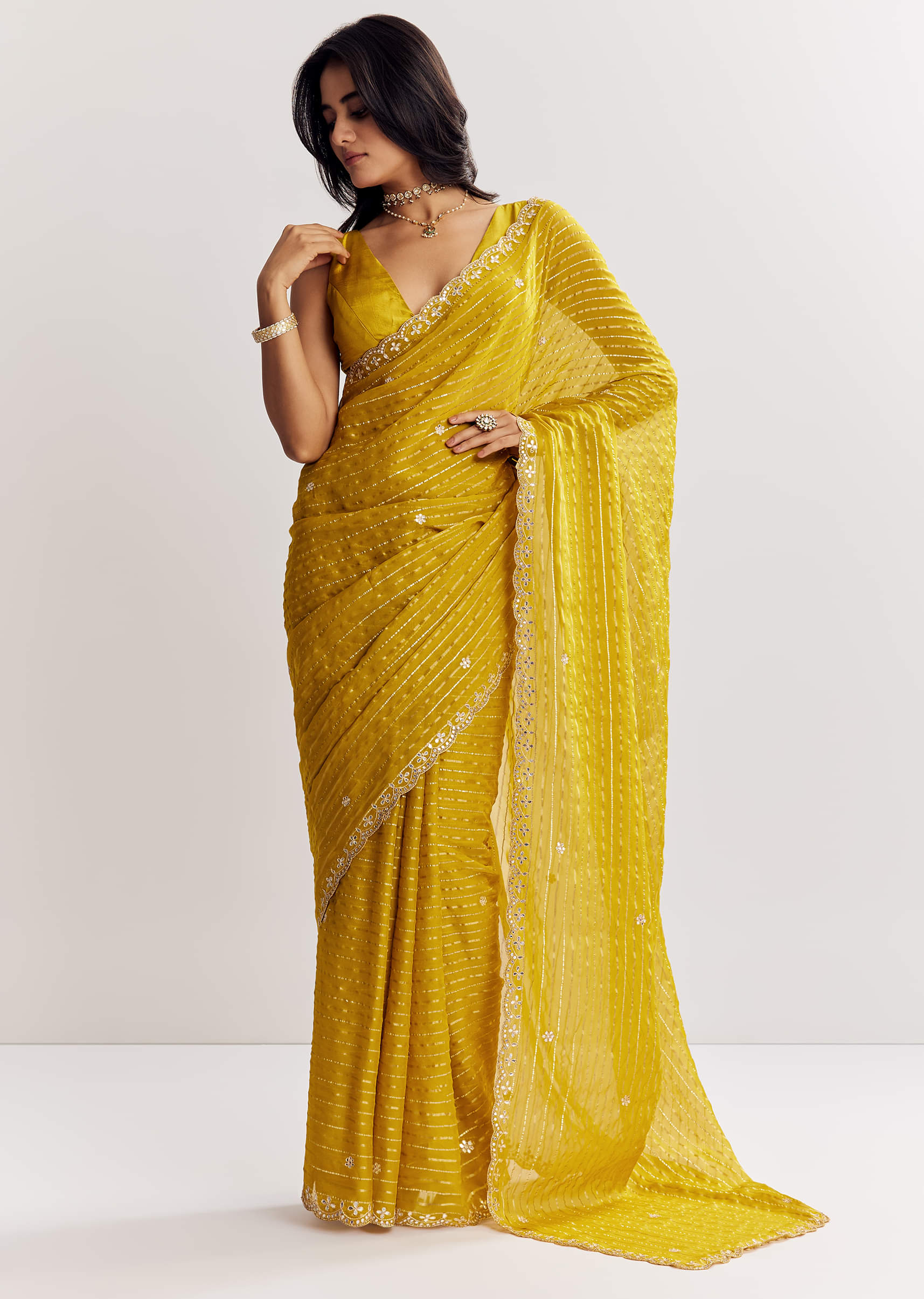 Mustard Yellow Georgette Saree With Foil Stripes And Mirror Gota Patti Work