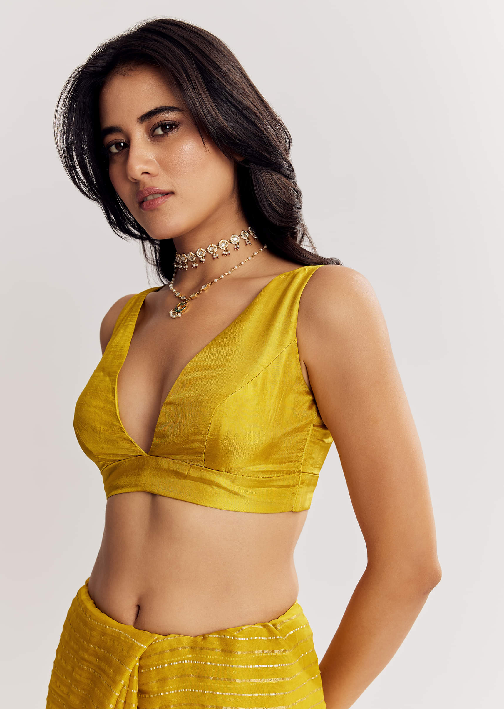 Mustard Yellow Georgette Saree With Foil Stripes And Mirror Gota Patti Work