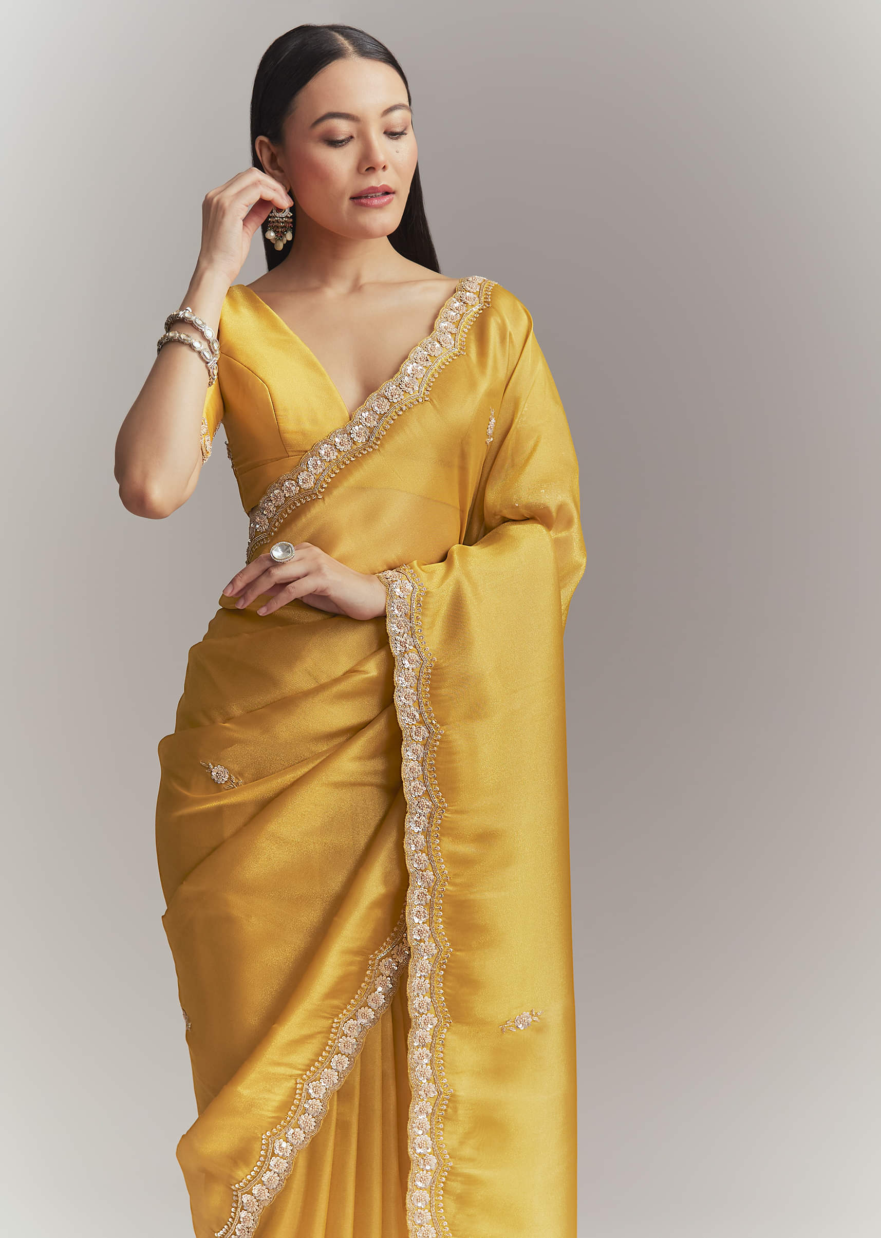 Mustard Yellow Tissue Embroidered Saree With Heavy Hand Embroidery