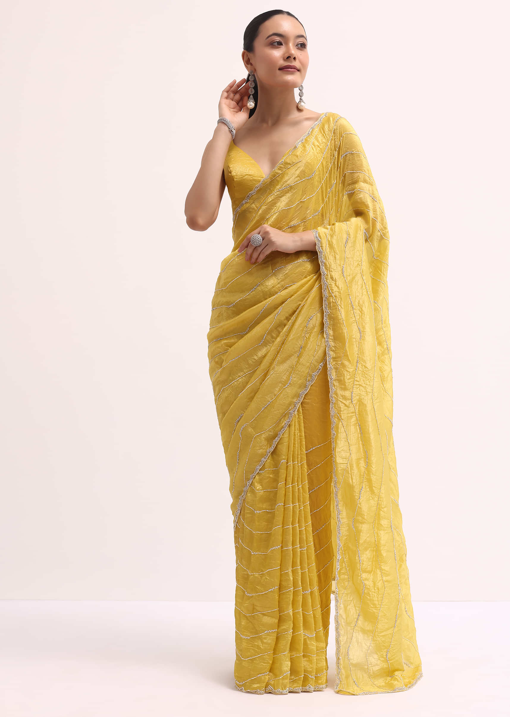 Mustard Yellow Embroidered Crepe Saree With Unstitched Blouse