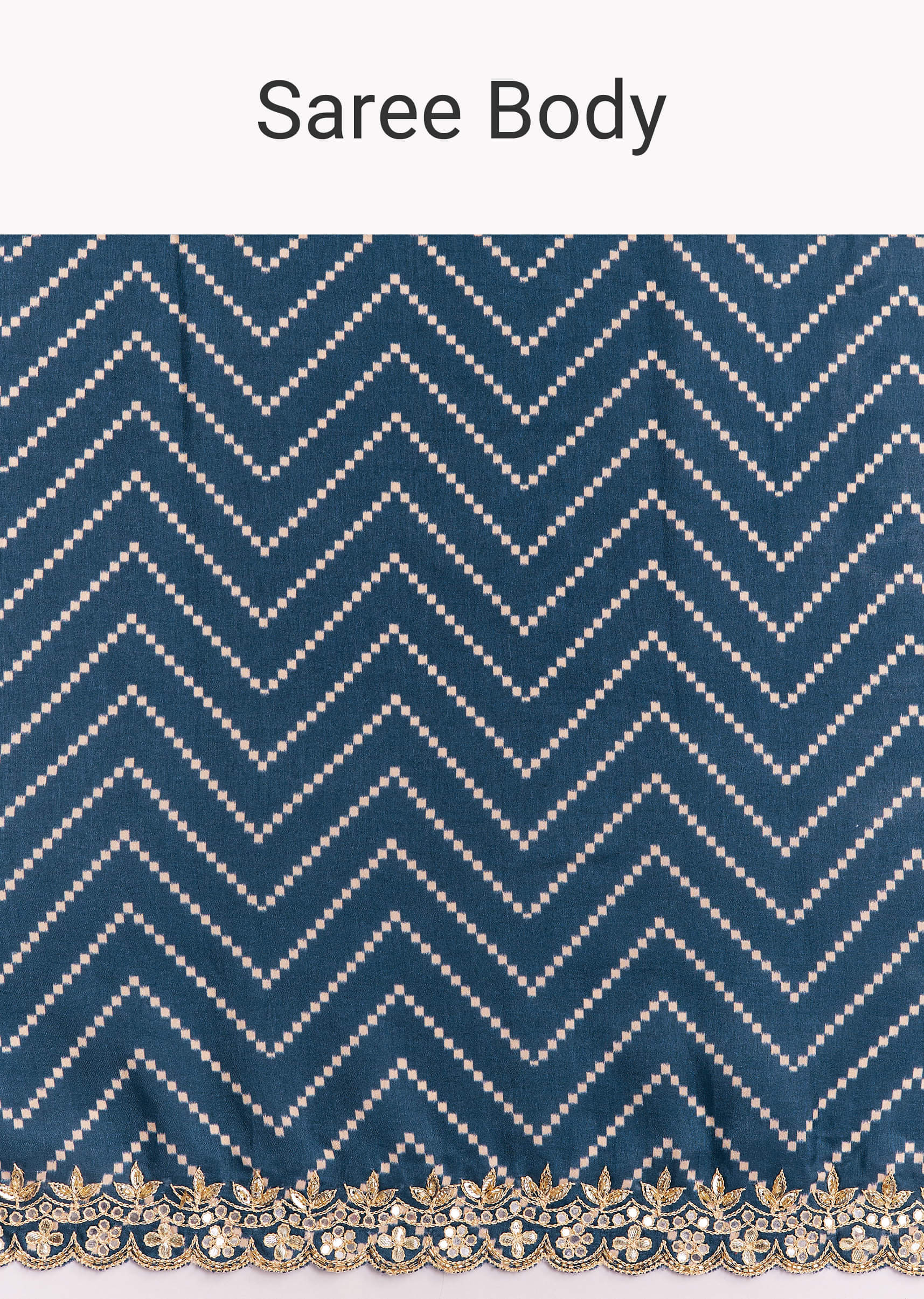 Navy Blue Muslin Ajrakh Printed Saree With Gota And Mirror Work