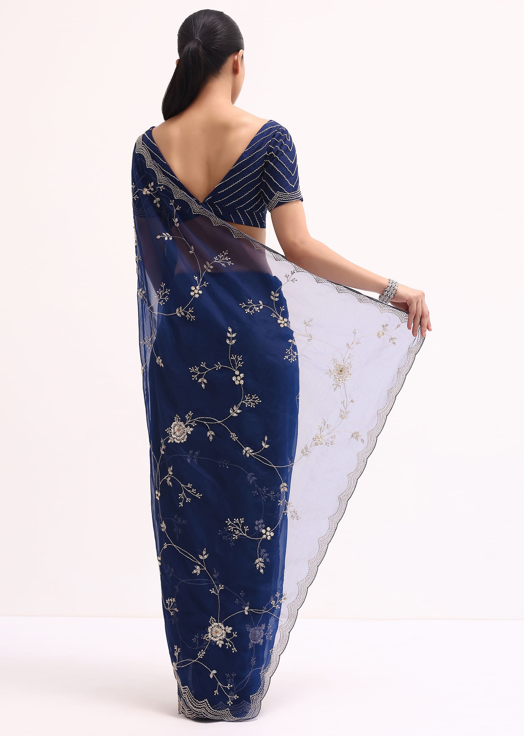 Navy Blue Cutdana Embroidered Saree With Unstitched Blouse