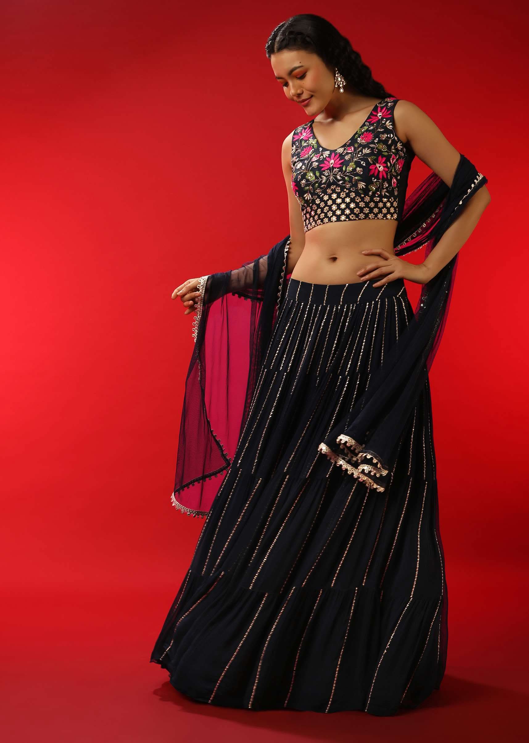 Navy Blue Lehenga Choli With Sequins Stripes And Multi Colored Resham Work