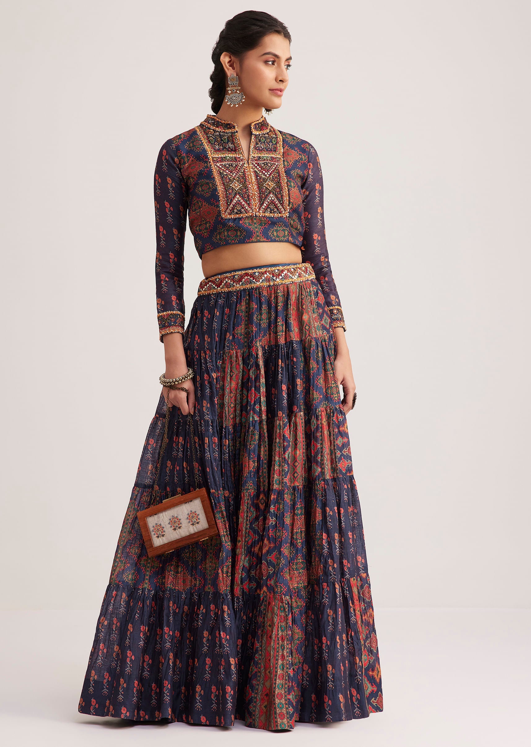 Navy Blue Silk Skirt Set With Orange Indie Prints