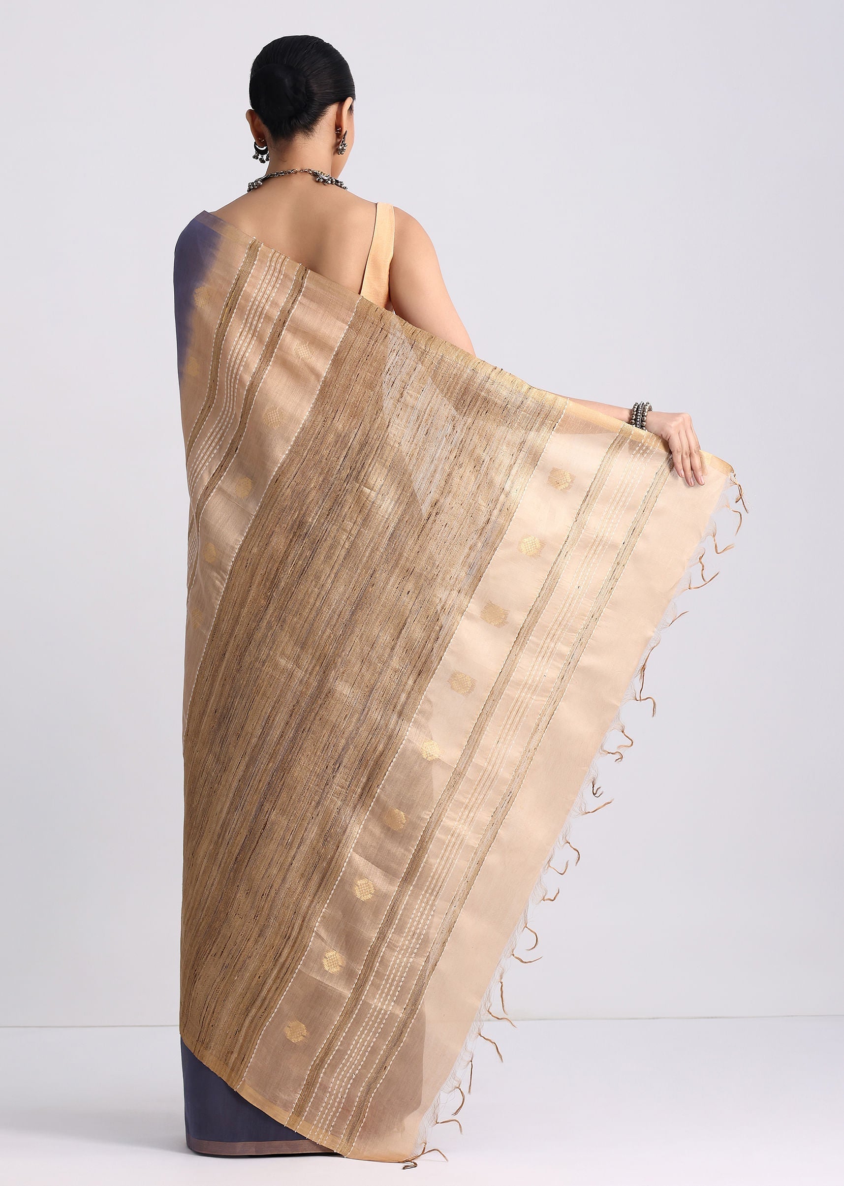 Navy Blue Spun Silk Saree With Butti Work