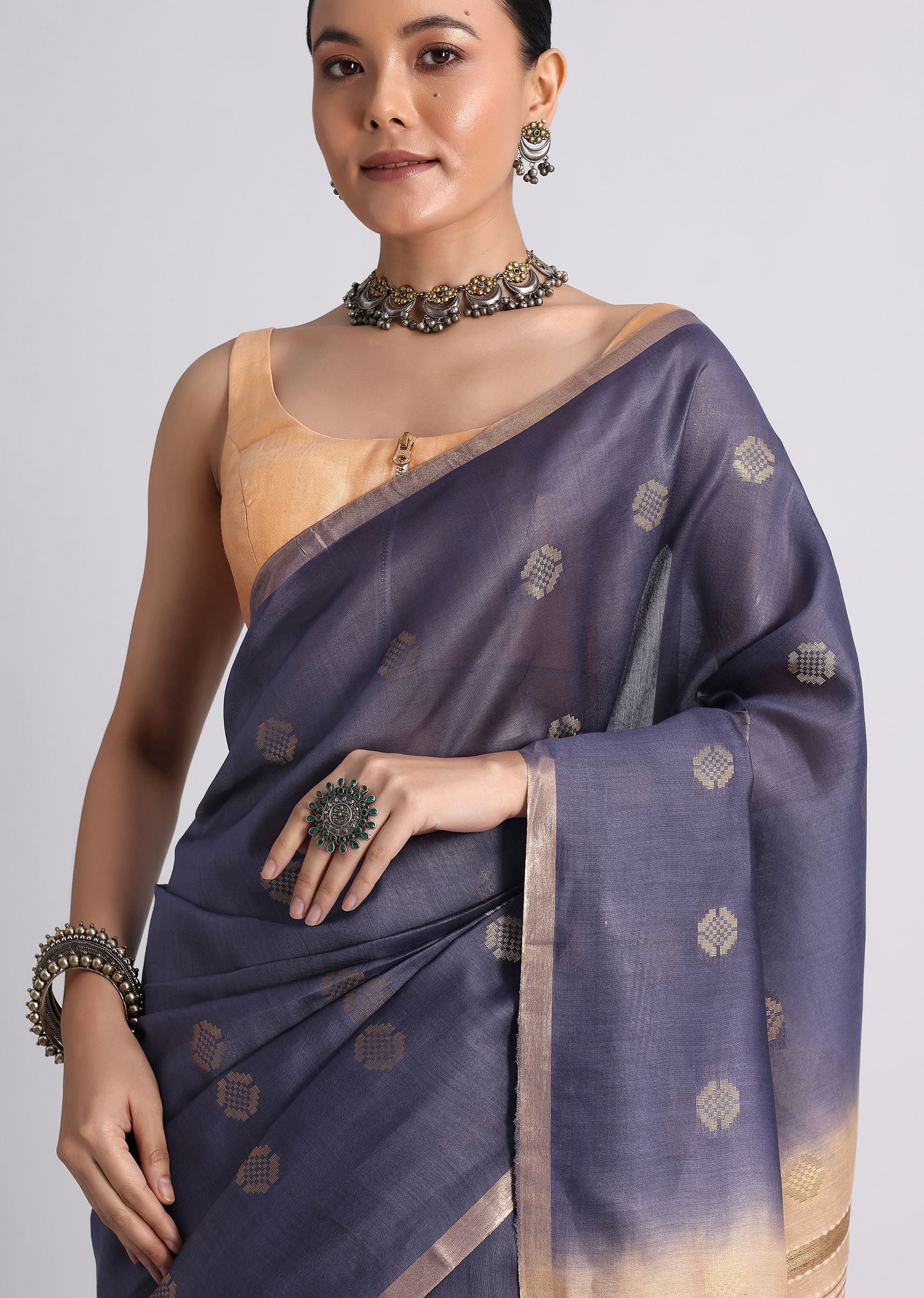 Navy Blue Spun Silk Saree With Butti Work