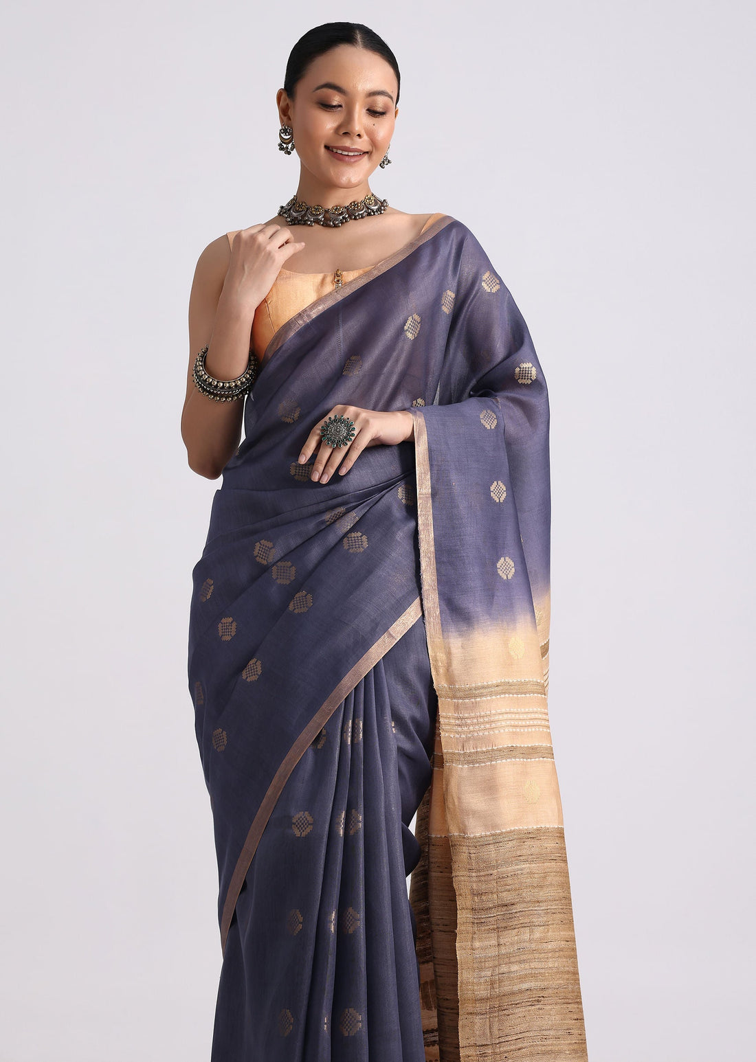 Navy Blue Spun Silk Saree With Butti Work