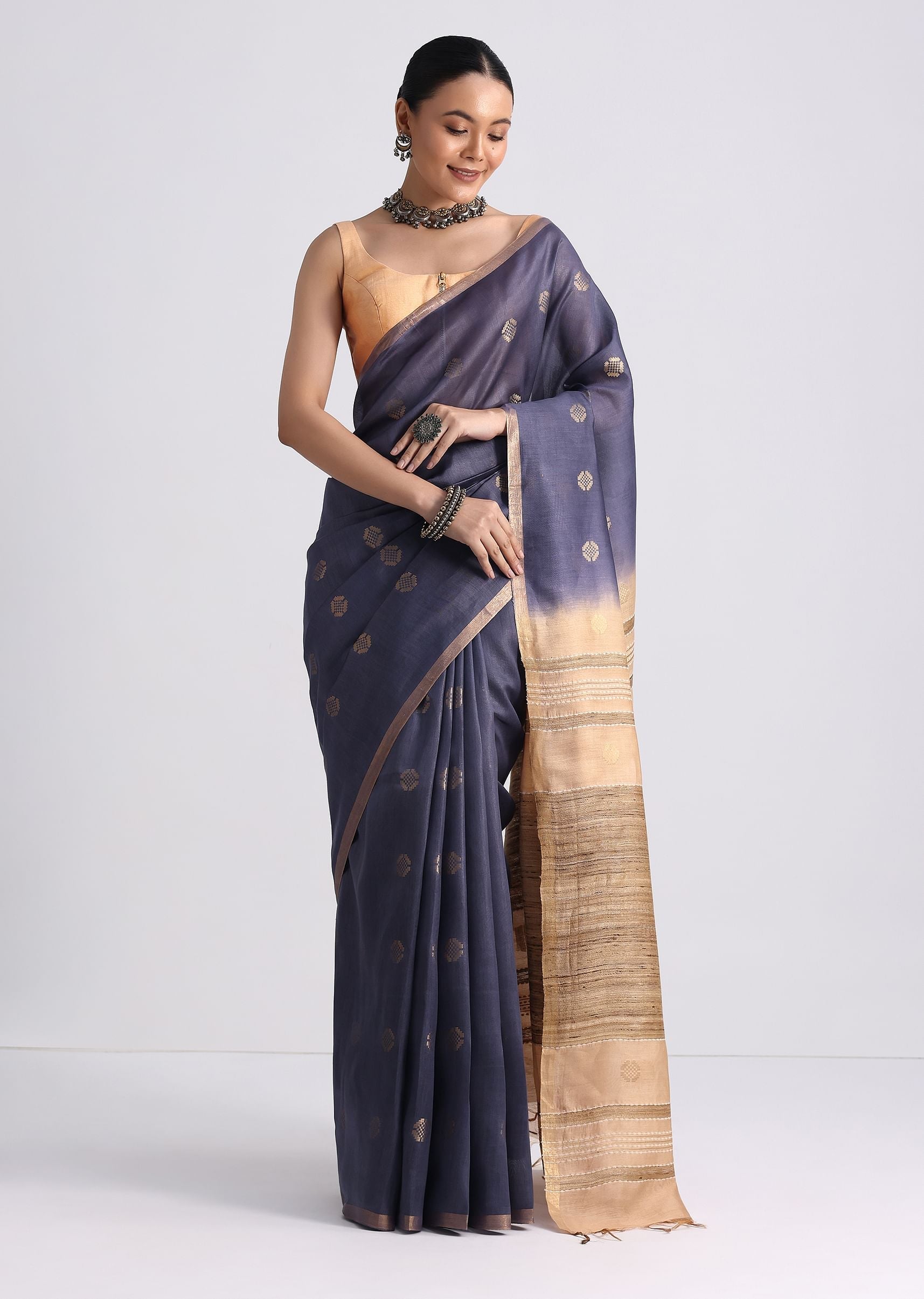 Navy Blue Spun Silk Saree With Butti Work