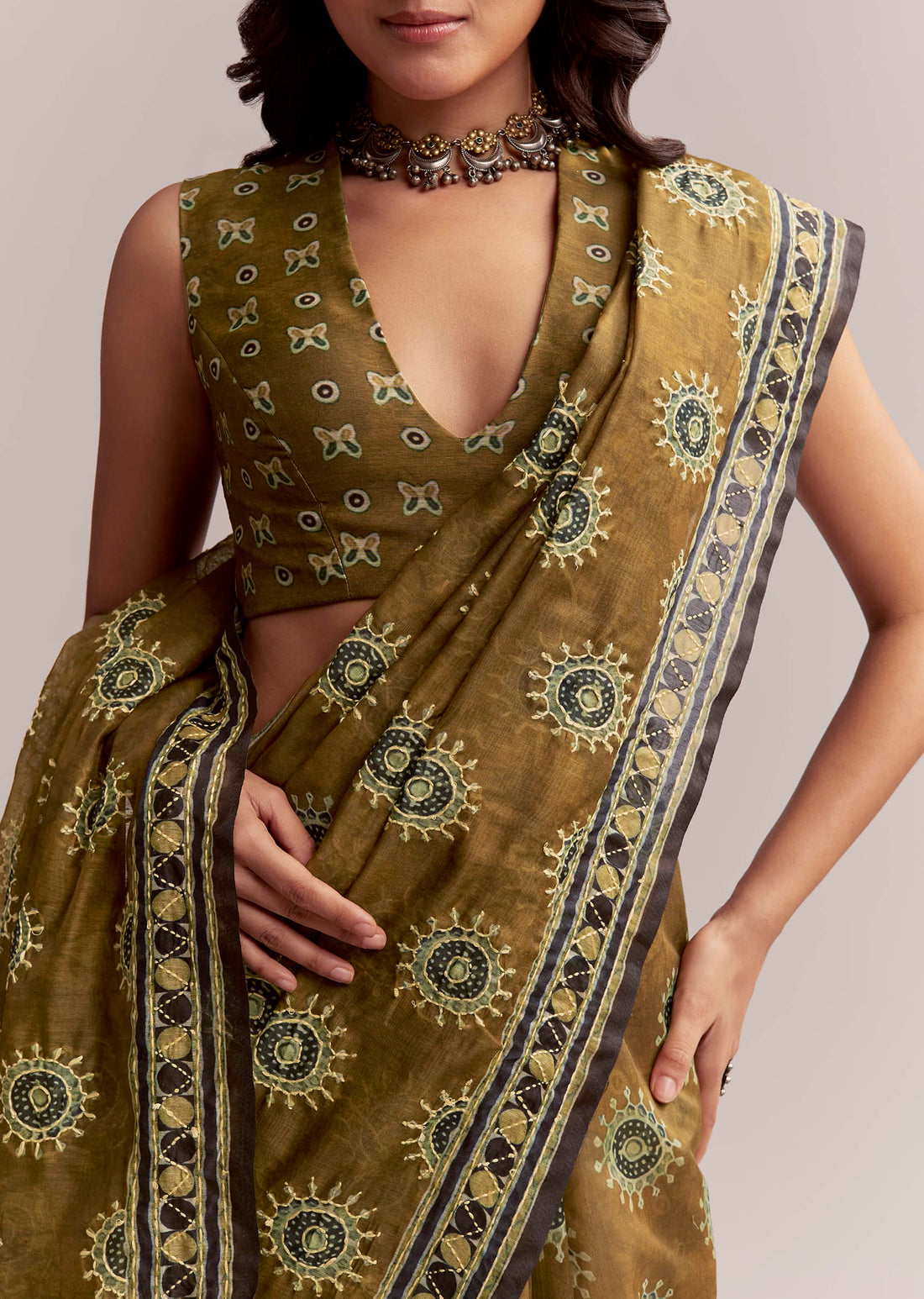 Olive Brown Linen Printed Saree With Handcrafted Ajrakh Print