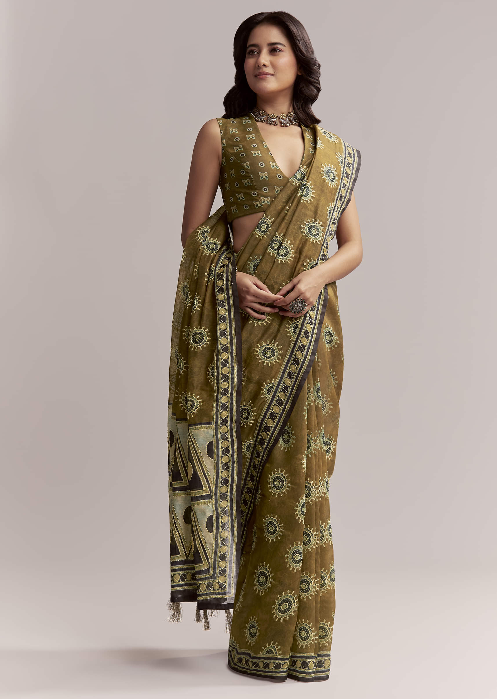 Olive Brown Linen Printed Saree With Handcrafted Ajrakh Print