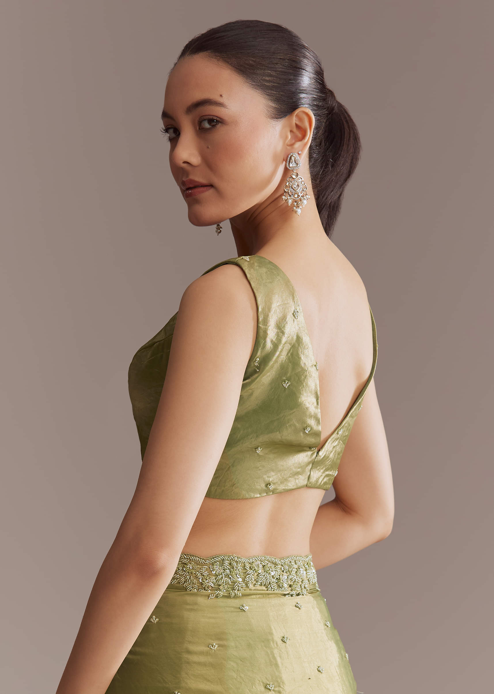 Olive Green Chinon Saree With Bead And Sequin Embroidery