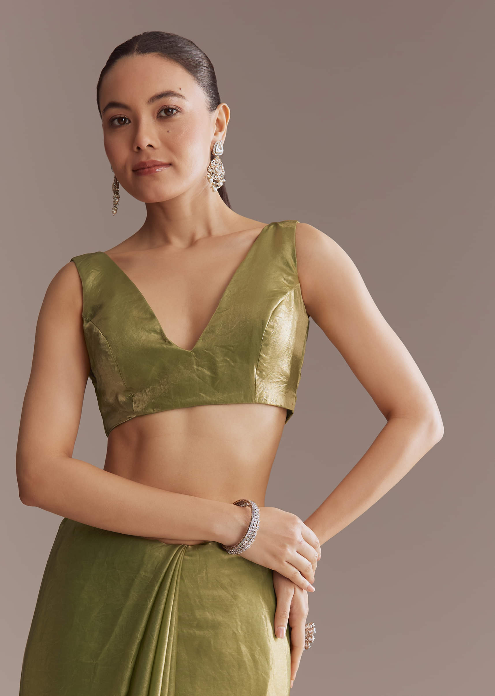 Olive Green Chinon Saree With Bead And Sequin Embroidery