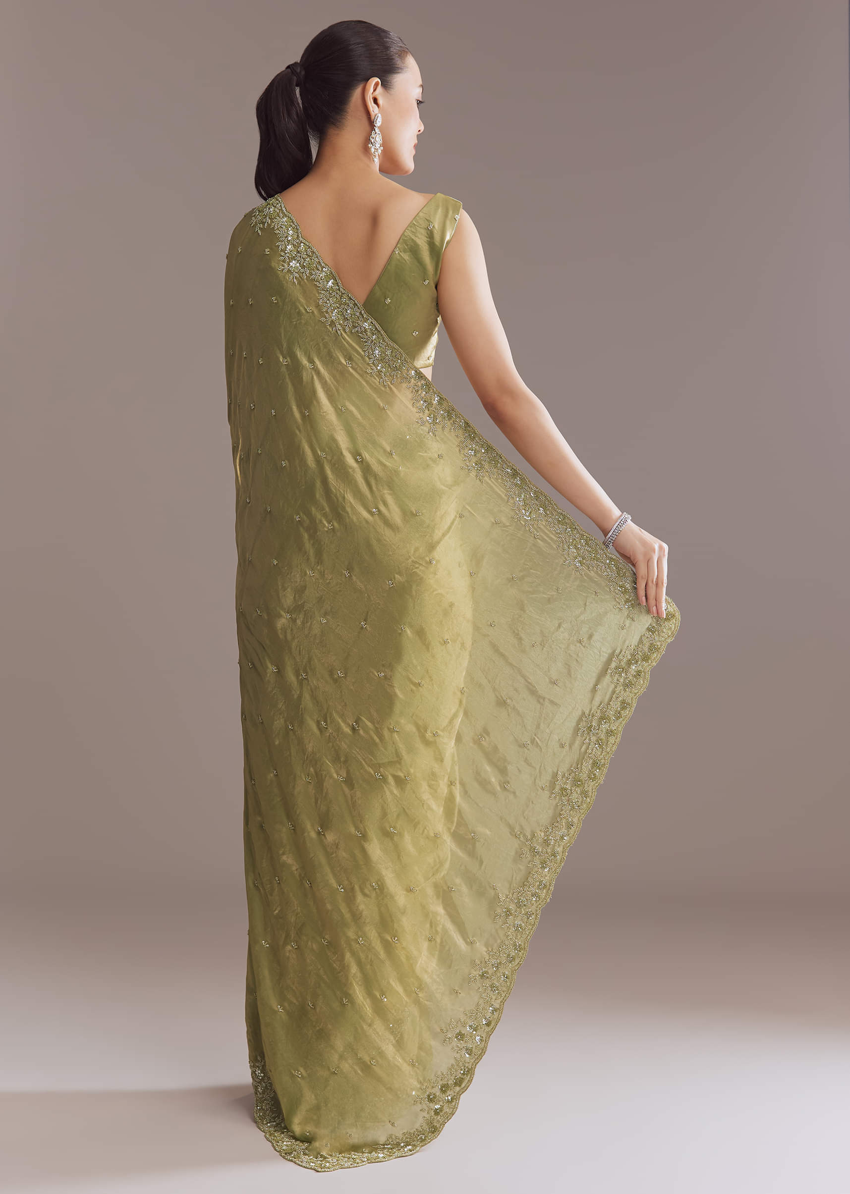 Olive Green Chinon Saree With Bead And Sequin Embroidery