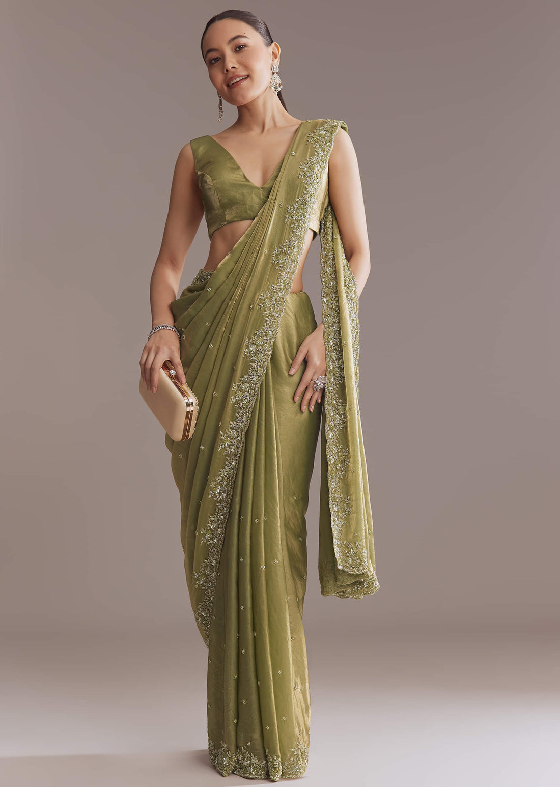 Olive Green Chinon Saree With Bead And Sequin Embroidery