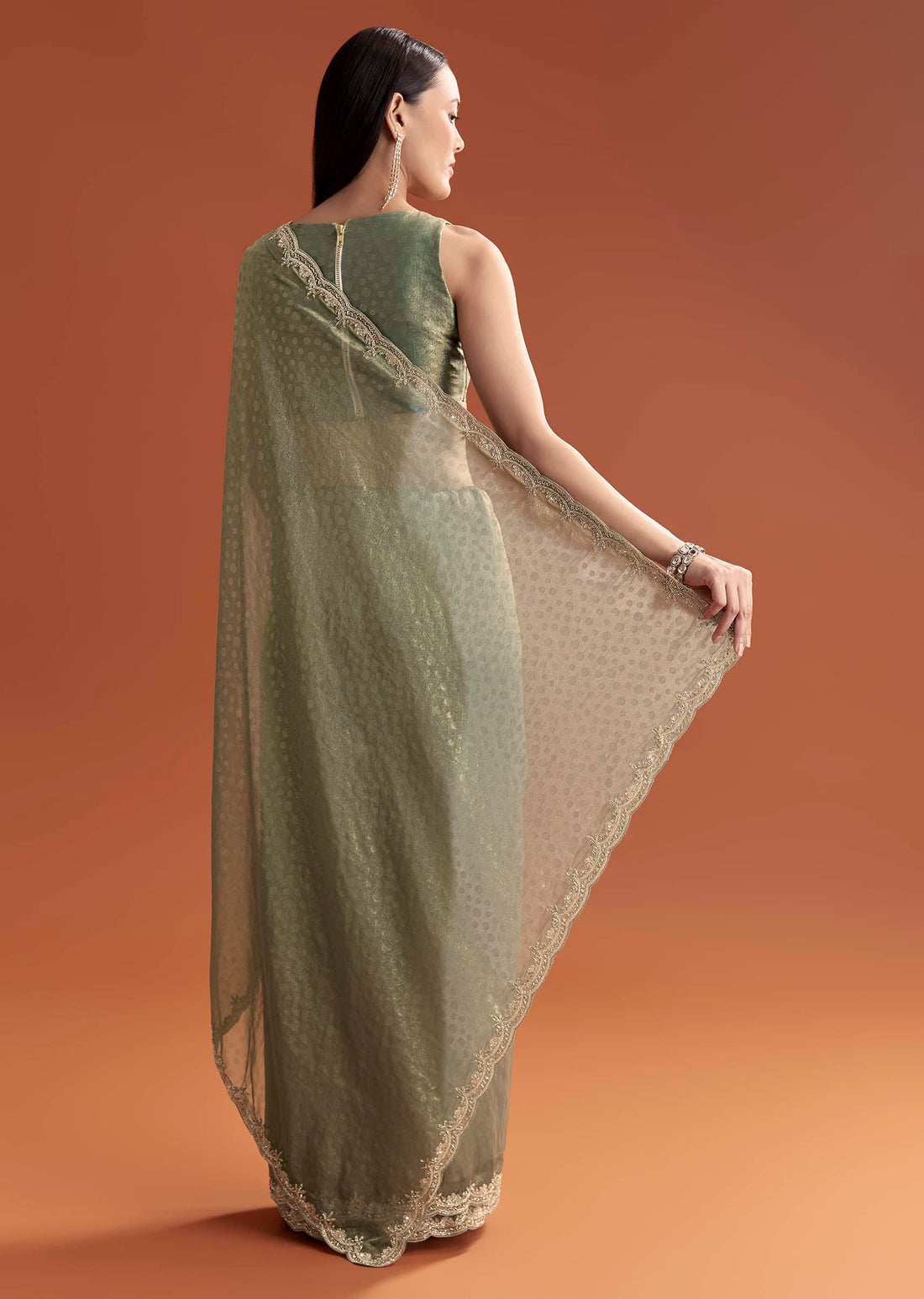 Olive Green Jacquard Saree With Stone And Sequin Embroidery
