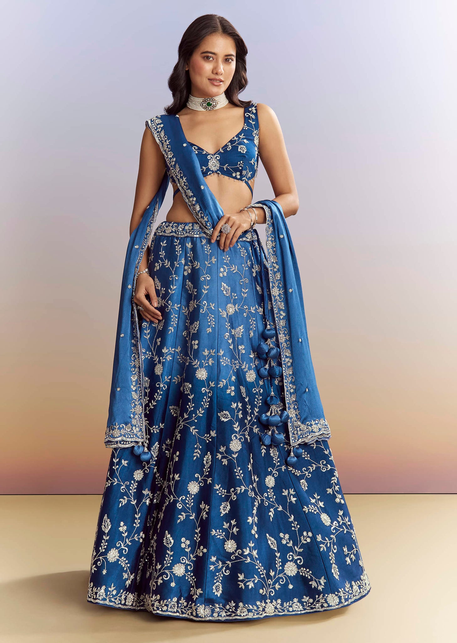 Ombre Blue Satin Bridesmaid Lehenga With Heavy Embroidery