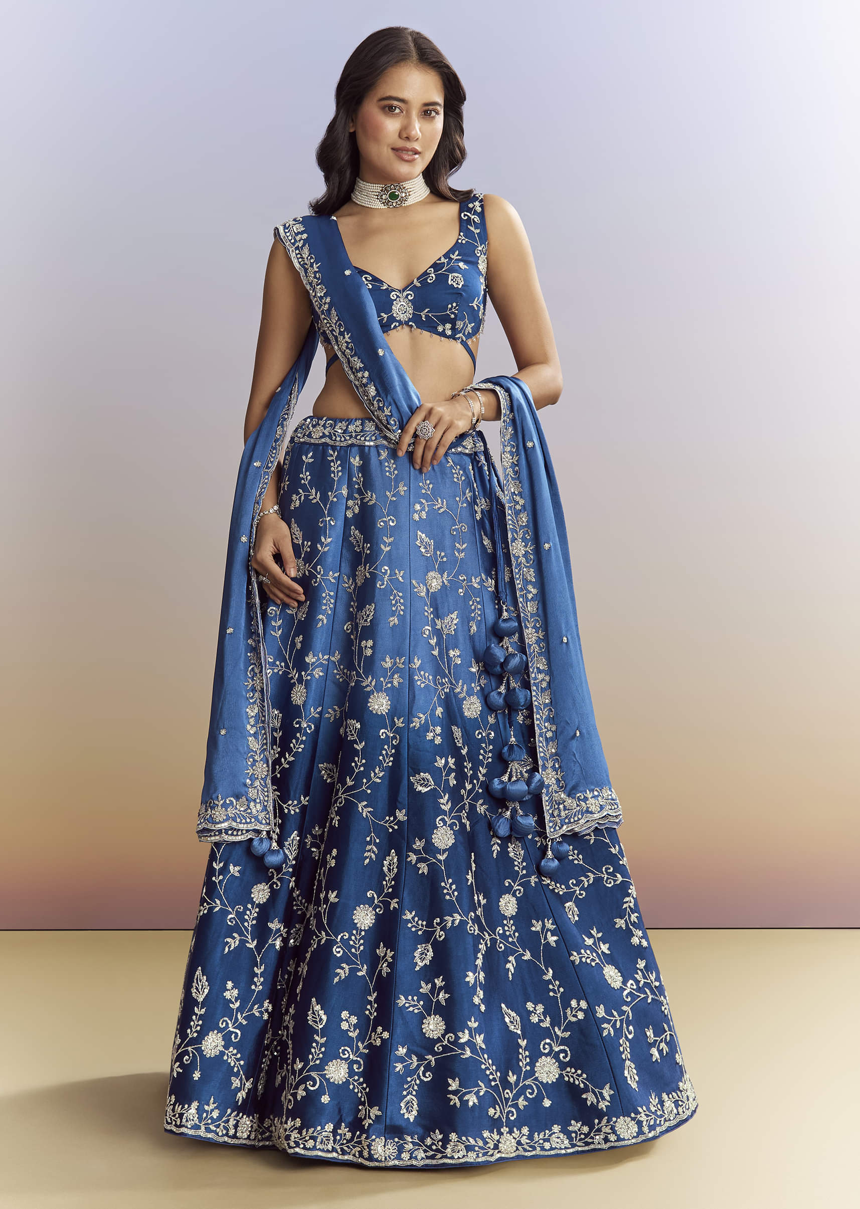 Ombre Blue Satin Bridesmaid Lehenga With Heavy Embroidery