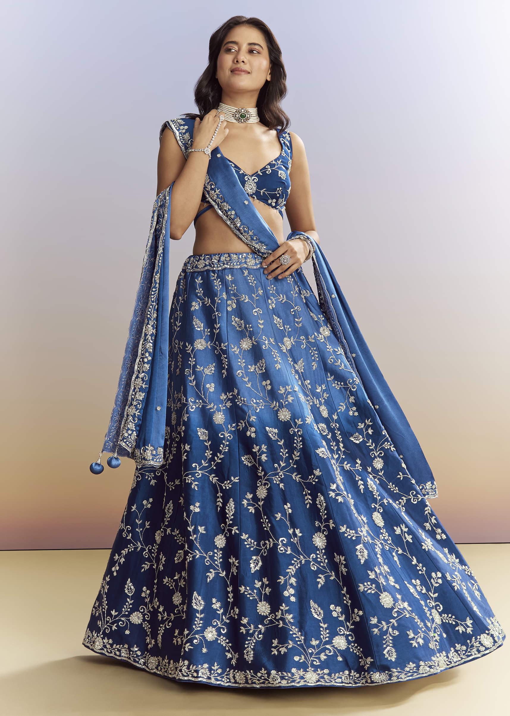 Ombre Blue Satin Bridesmaid Lehenga With Heavy Embroidery