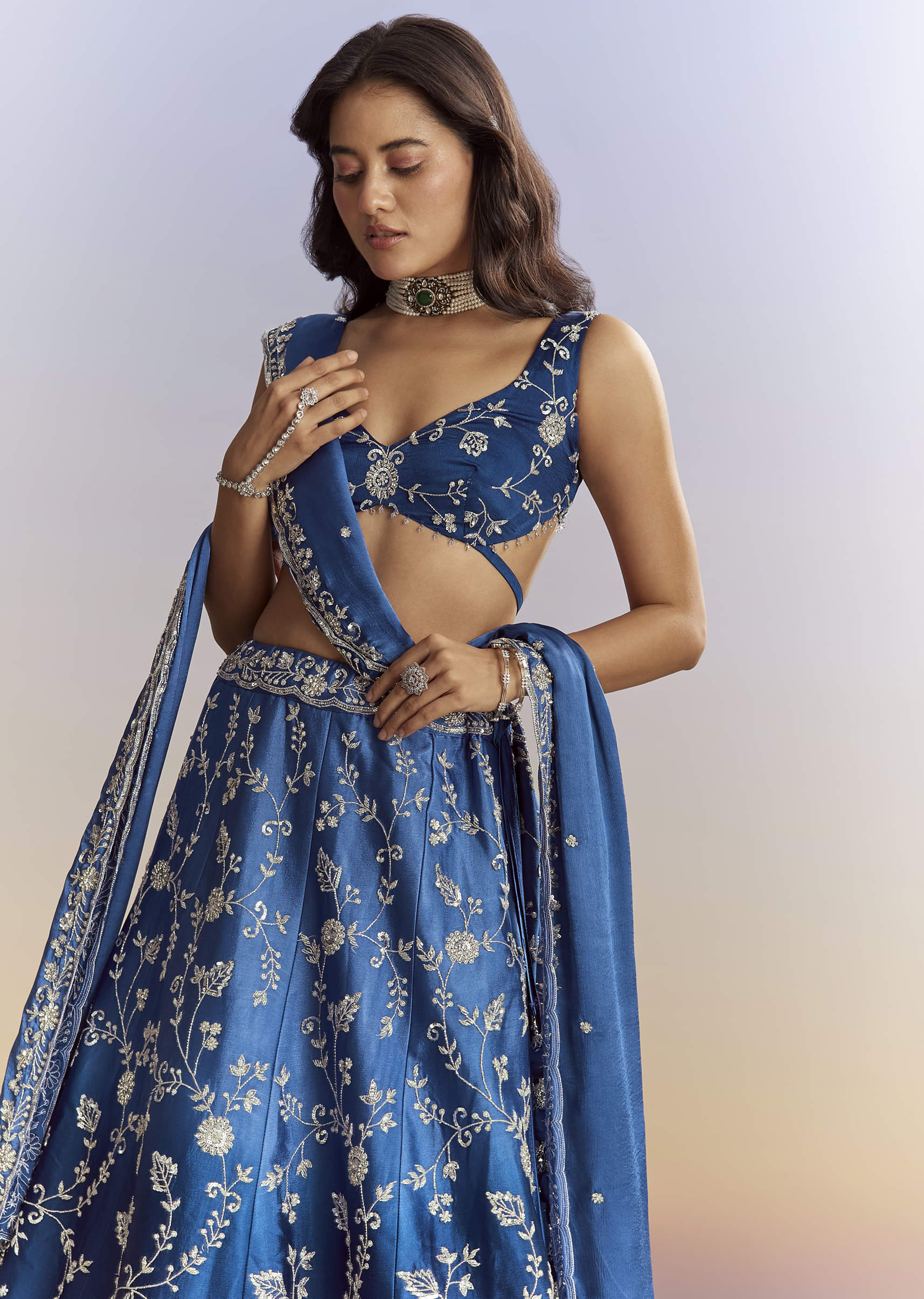 Ombre Blue Satin Bridesmaid Lehenga With Heavy Embroidery