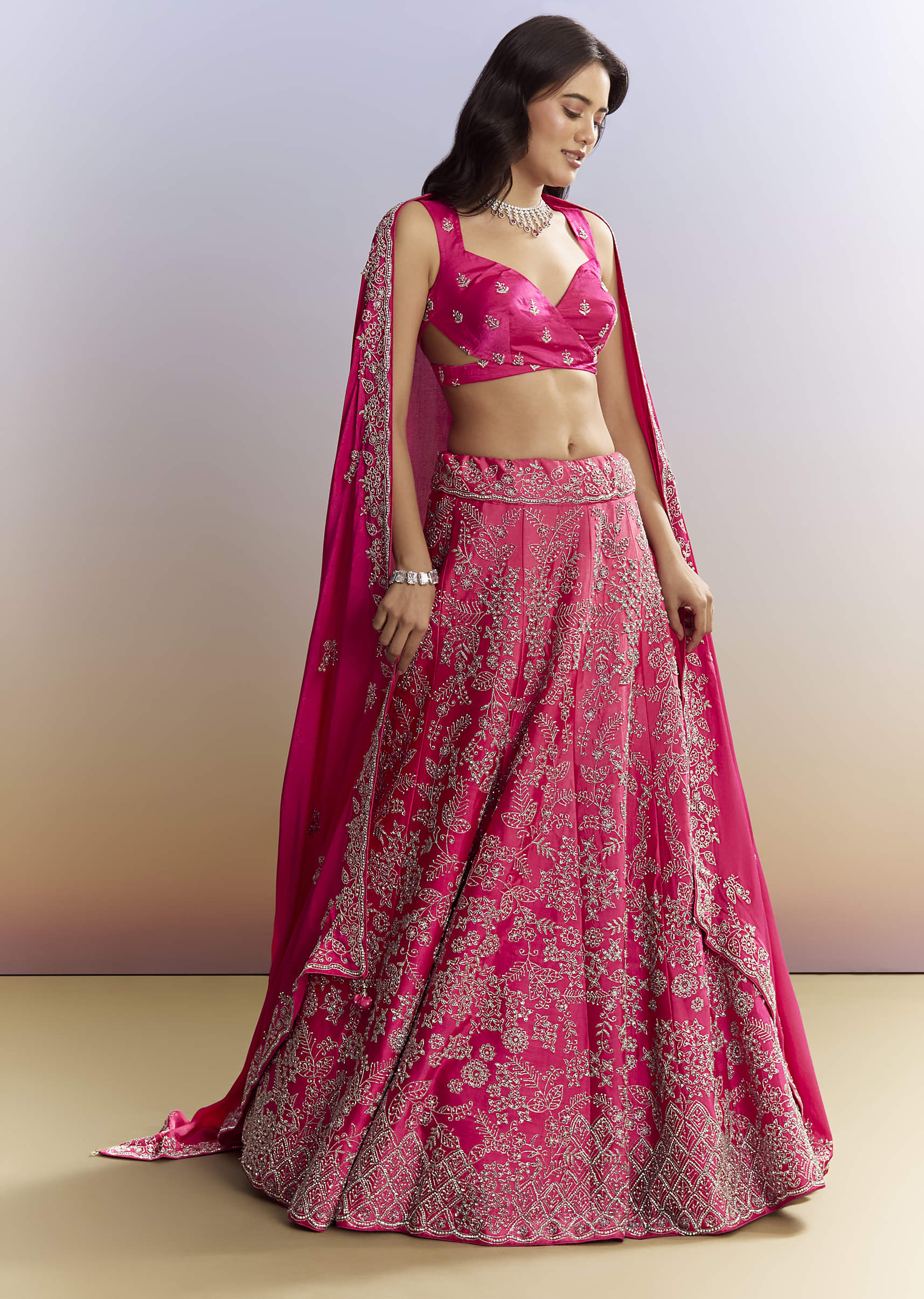 Ombre Pink Satin Bridesmaid Lehenga With Heavy Embroidery