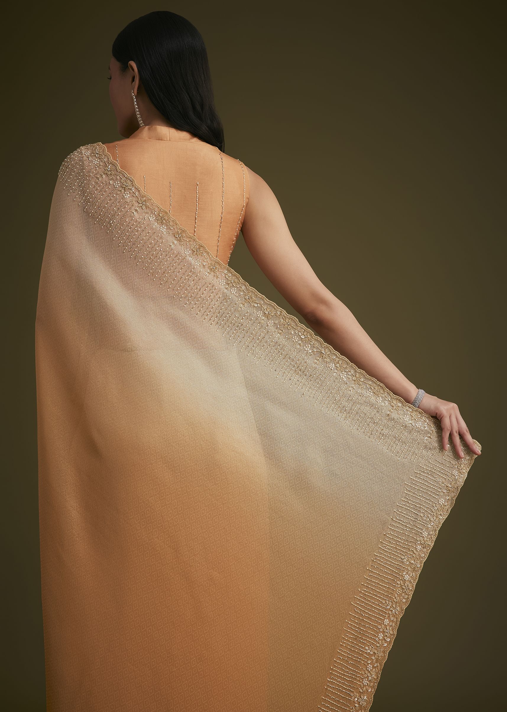 Ombre Orange Jacquard Saree With Cutdana And Stone Embroidery