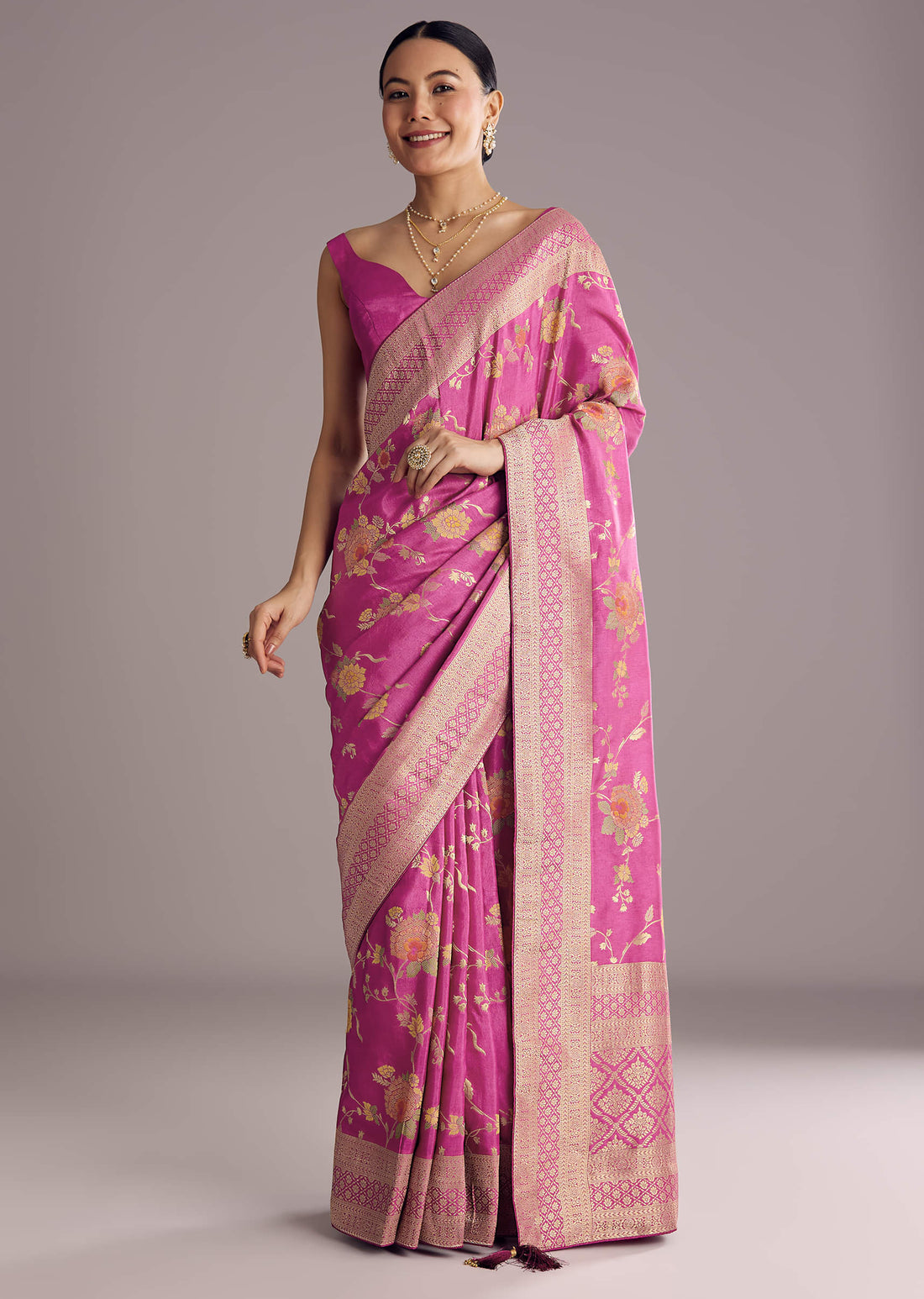 Onion Pink Dola Silk Saree With Multicolor Floral Jaal Weave
