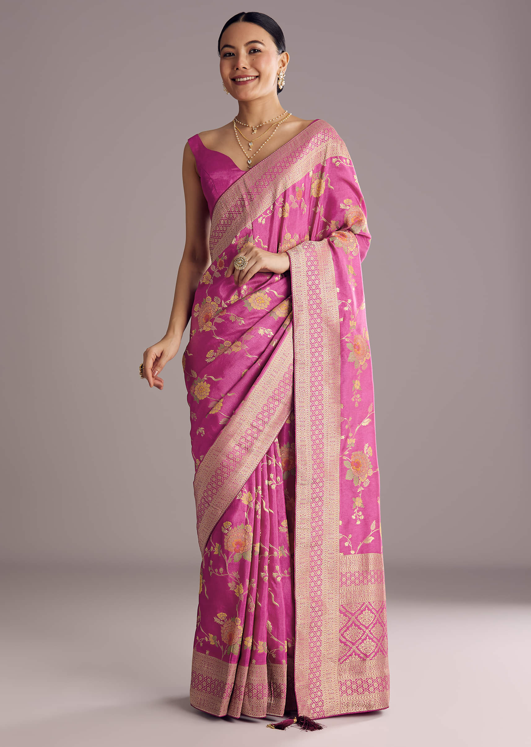 Onion Pink Dola Silk Saree With Multicolor Floral Jaal Weave