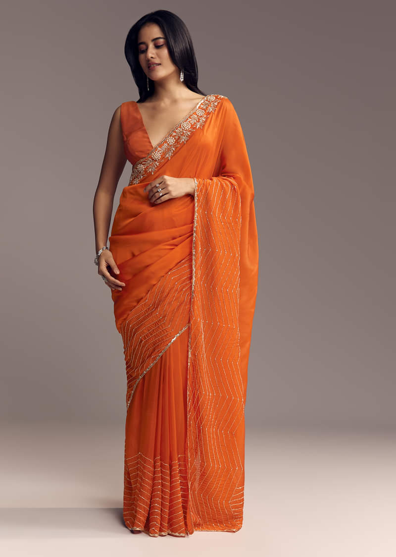 Orange Organza Saree With Zigzag Sequins And Cut Dana Embroidery