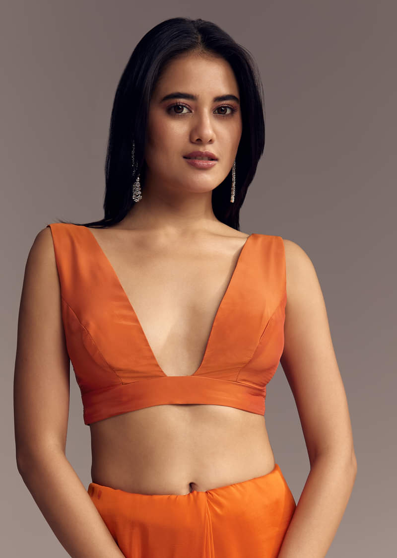 Orange Organza Saree With Zigzag Sequins And Cut Dana Embroidery