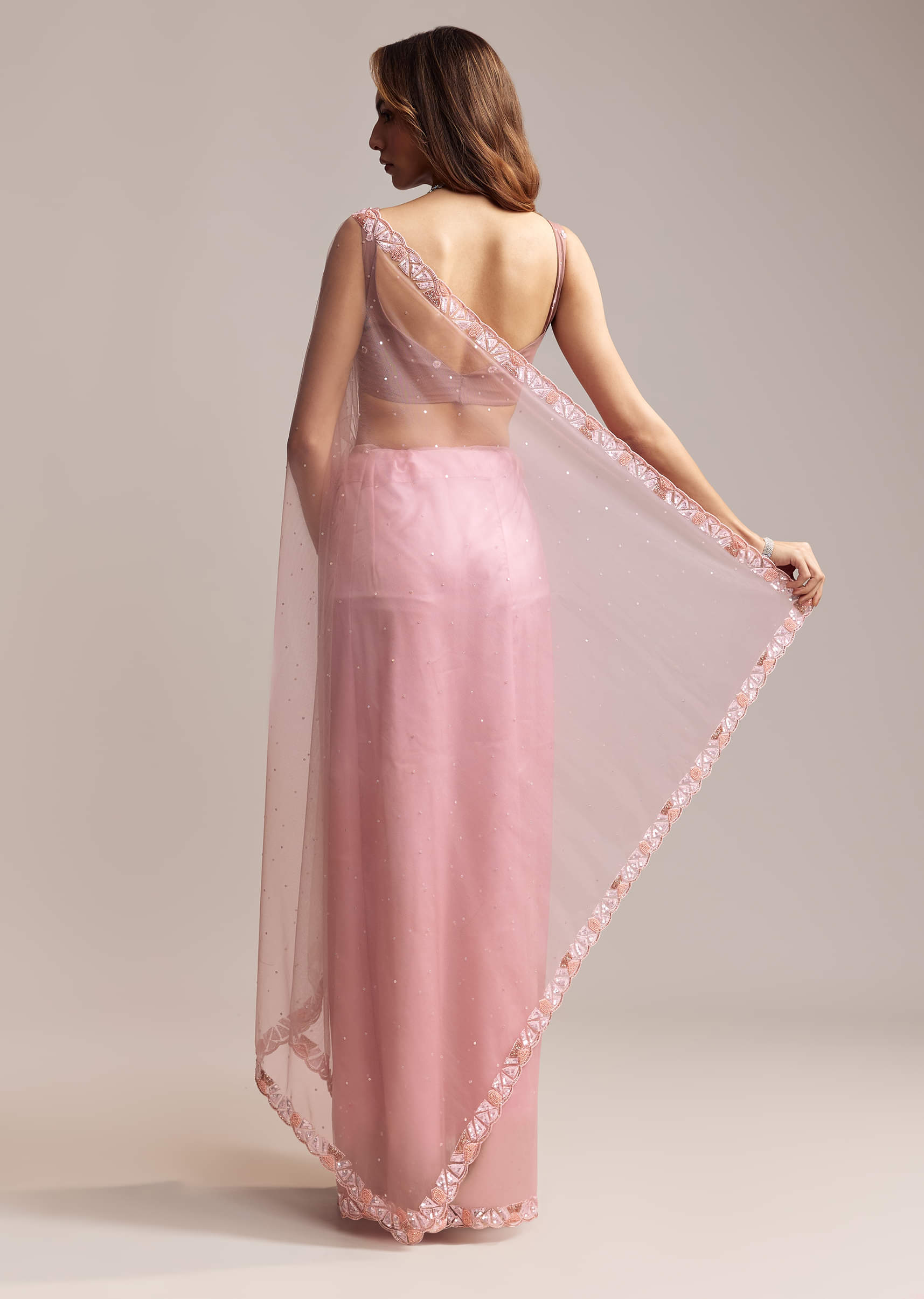 Peach Net Saree With Sequin Embroidery