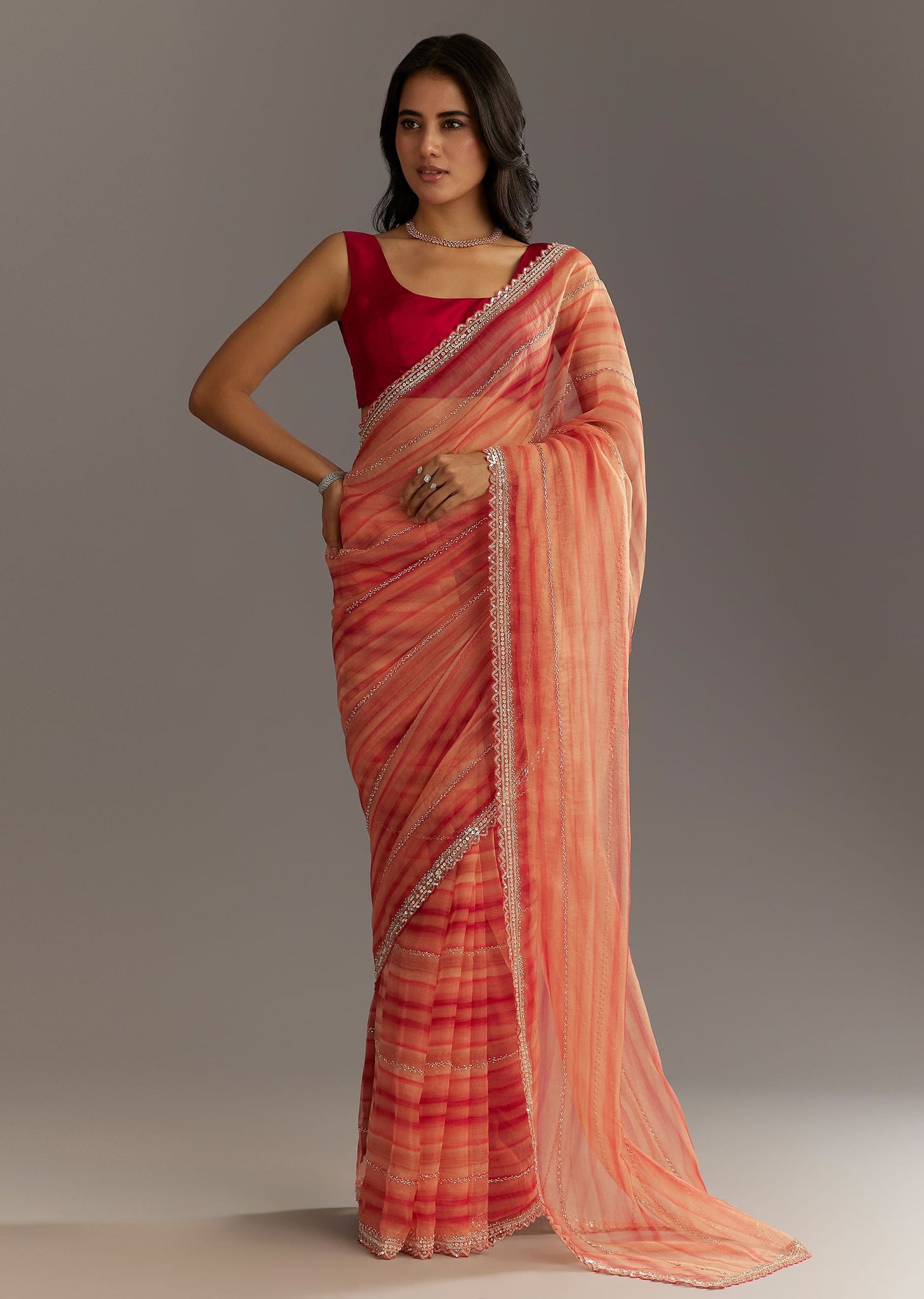 Peach Red Shaded Tissue Saree With Cutwork Scallop Border