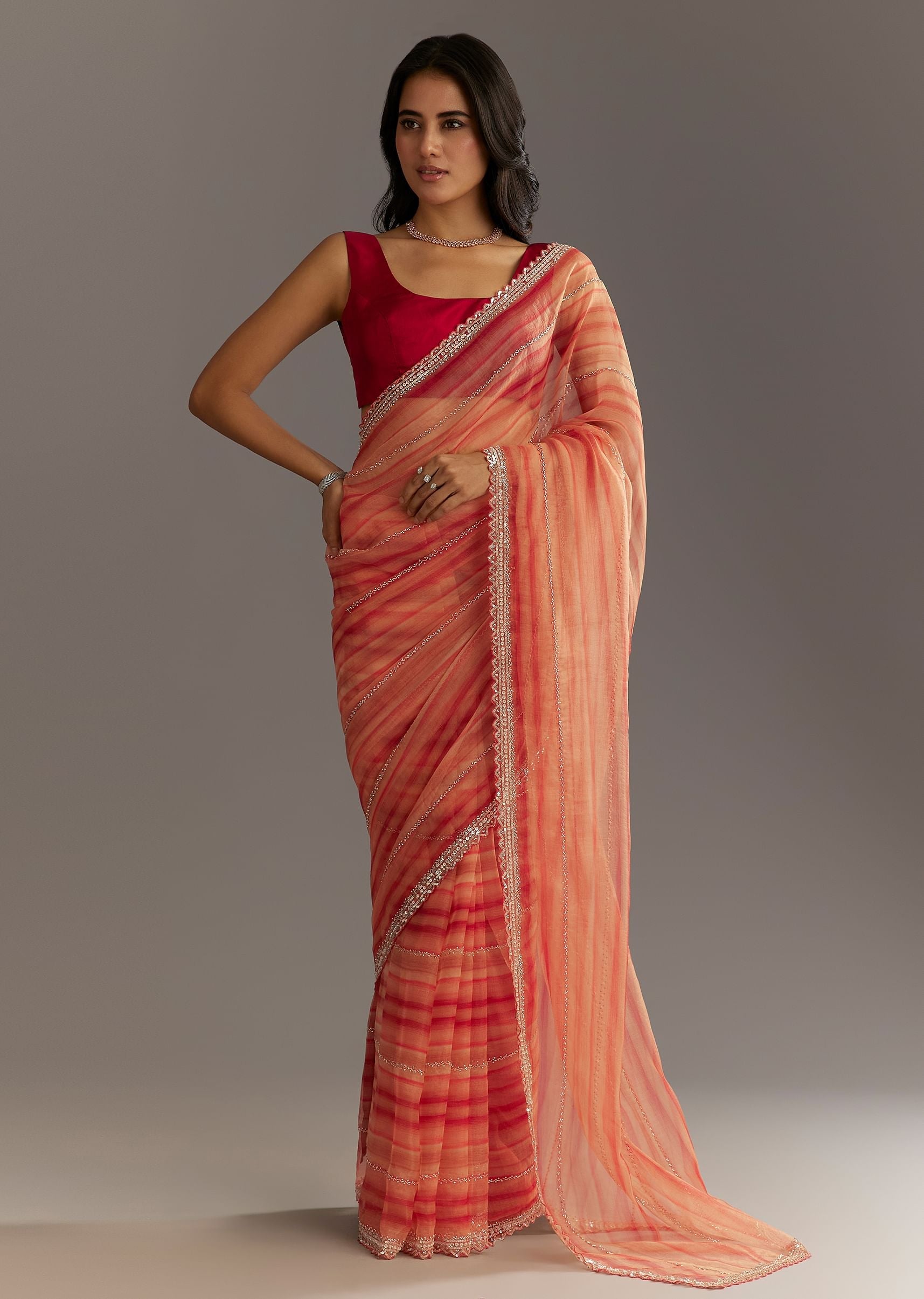 Peach Red Shaded Tissue Saree With Cutwork Scallop Border