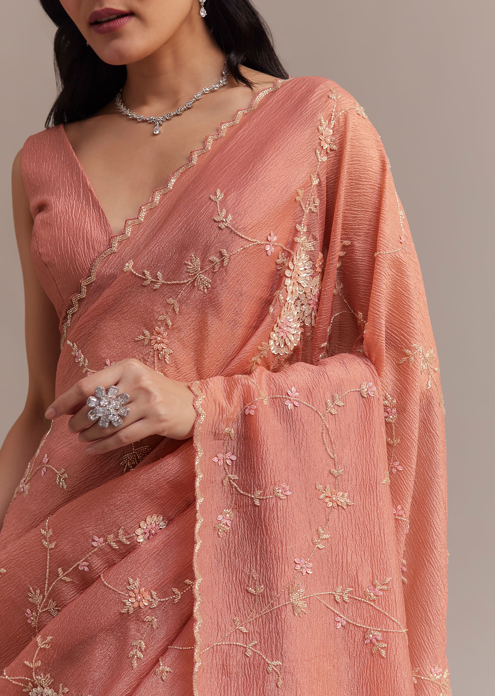 Peach Crushed Tissue Saree With Cutdana And Sequins Jaal Work