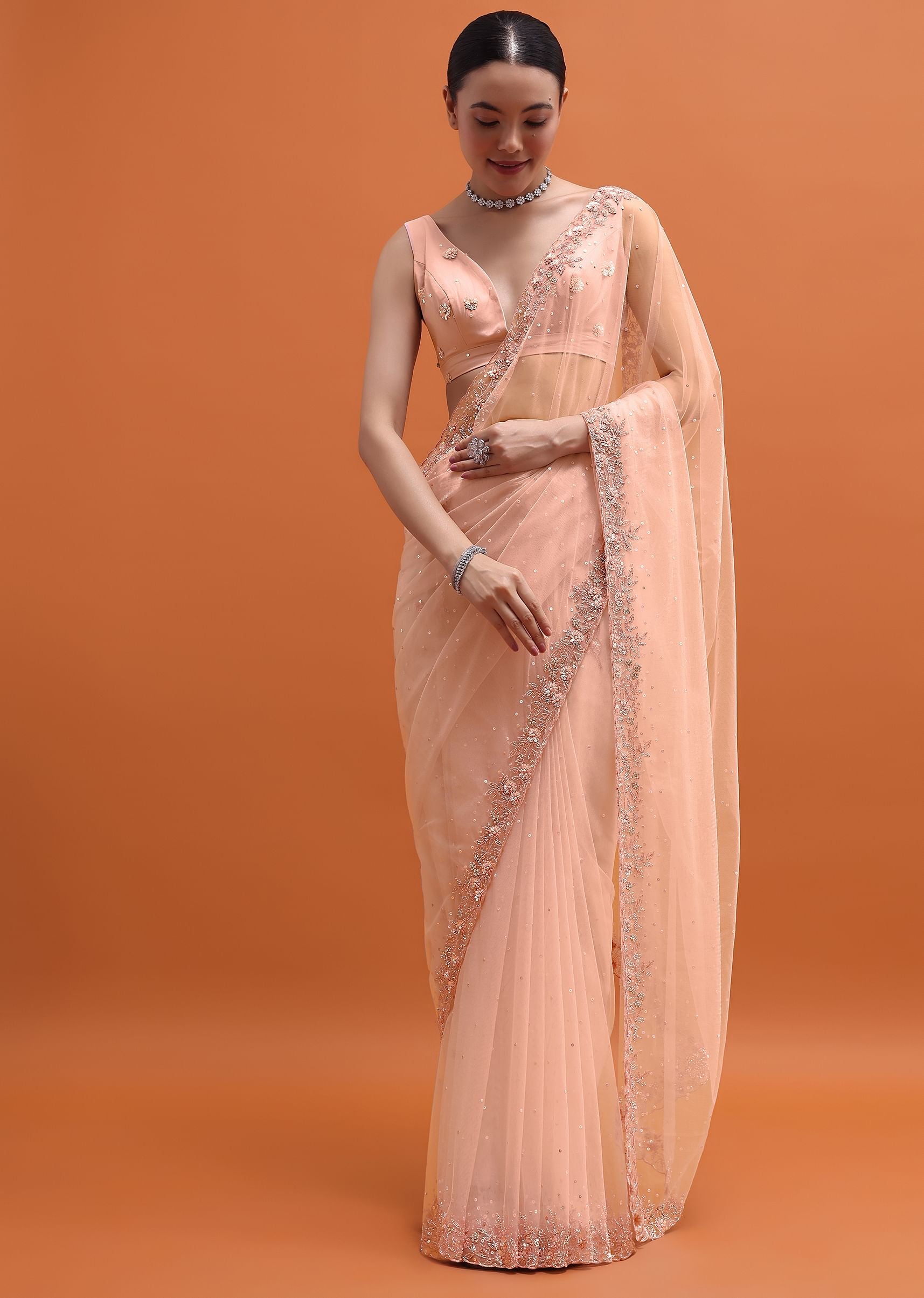 Powder Pink Embroidered Net Saree With Unstitched Blouse