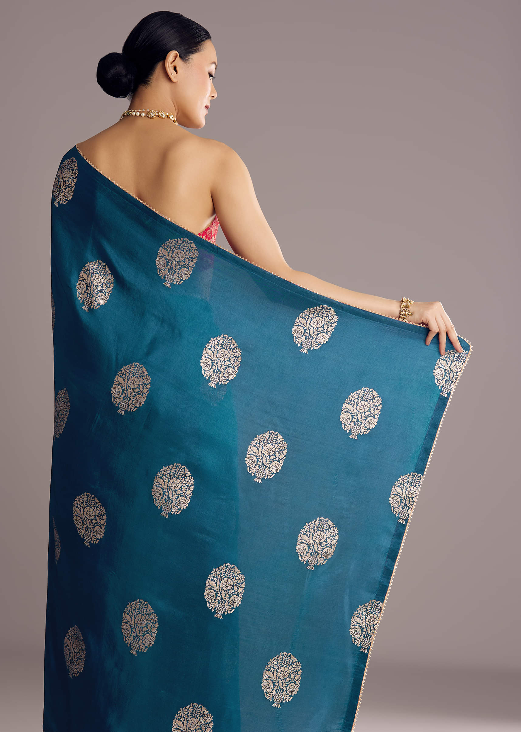 Peacock Blue Dola Silk Brocade Saree With Gotapatti Border
