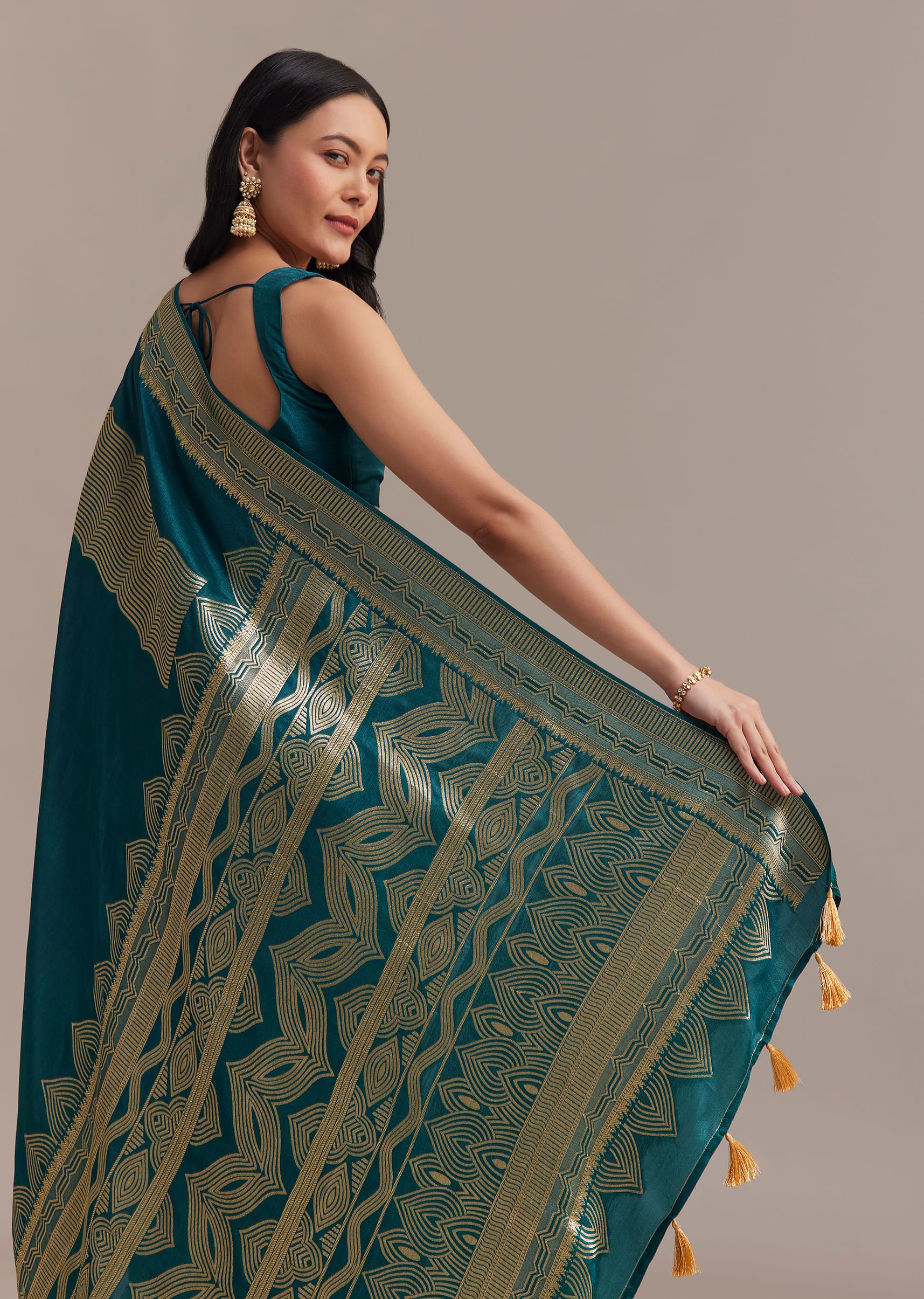 Peacock Blue Dola Silk Saree With All Over Zari Weaving