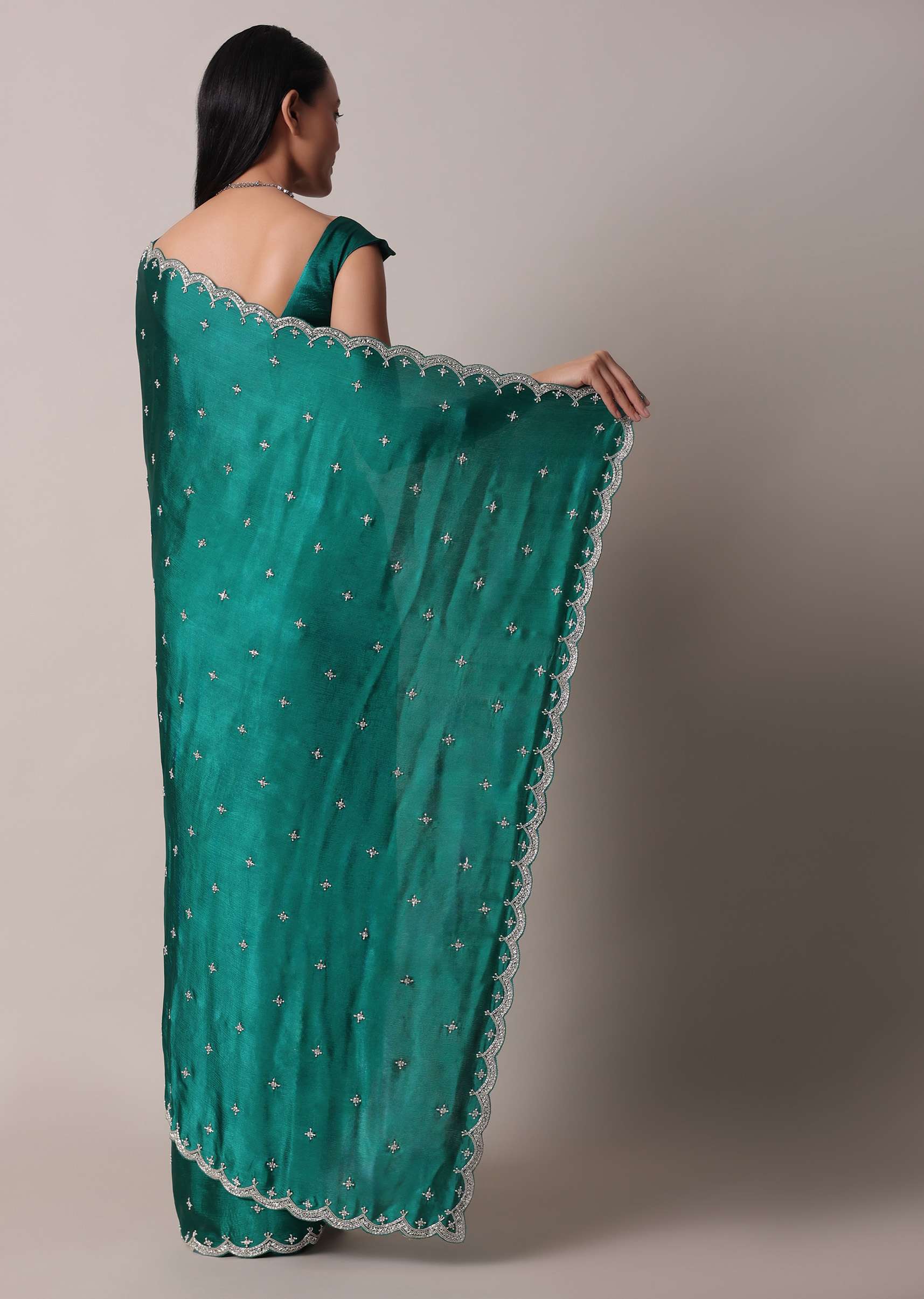Peacock Green Saree In Satin Chinon With Scallop Border And Unstitched Blouse Piece