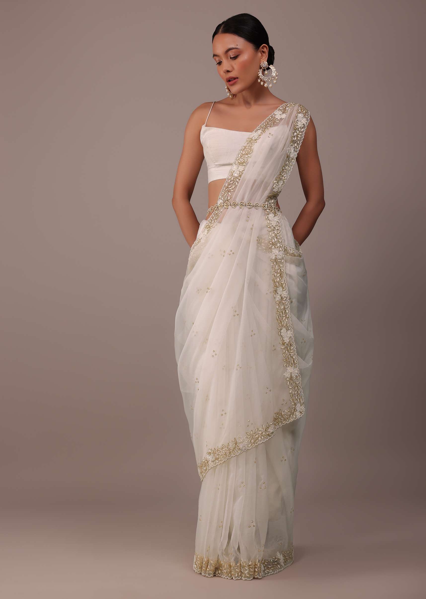 Pearl White Organza Saree With Cut Dana Embroidery