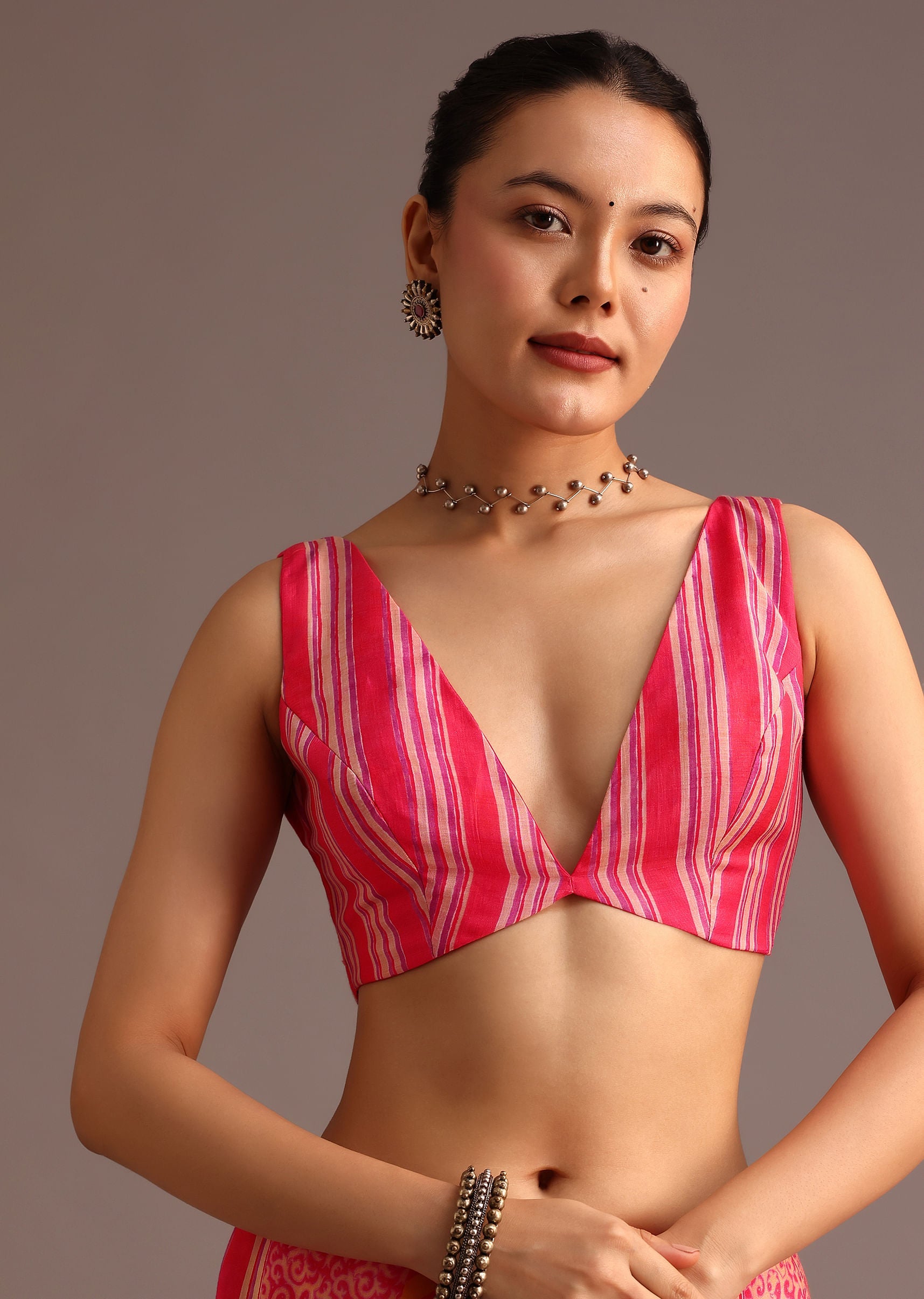 Pink Abstract Printed Muslin Saree
