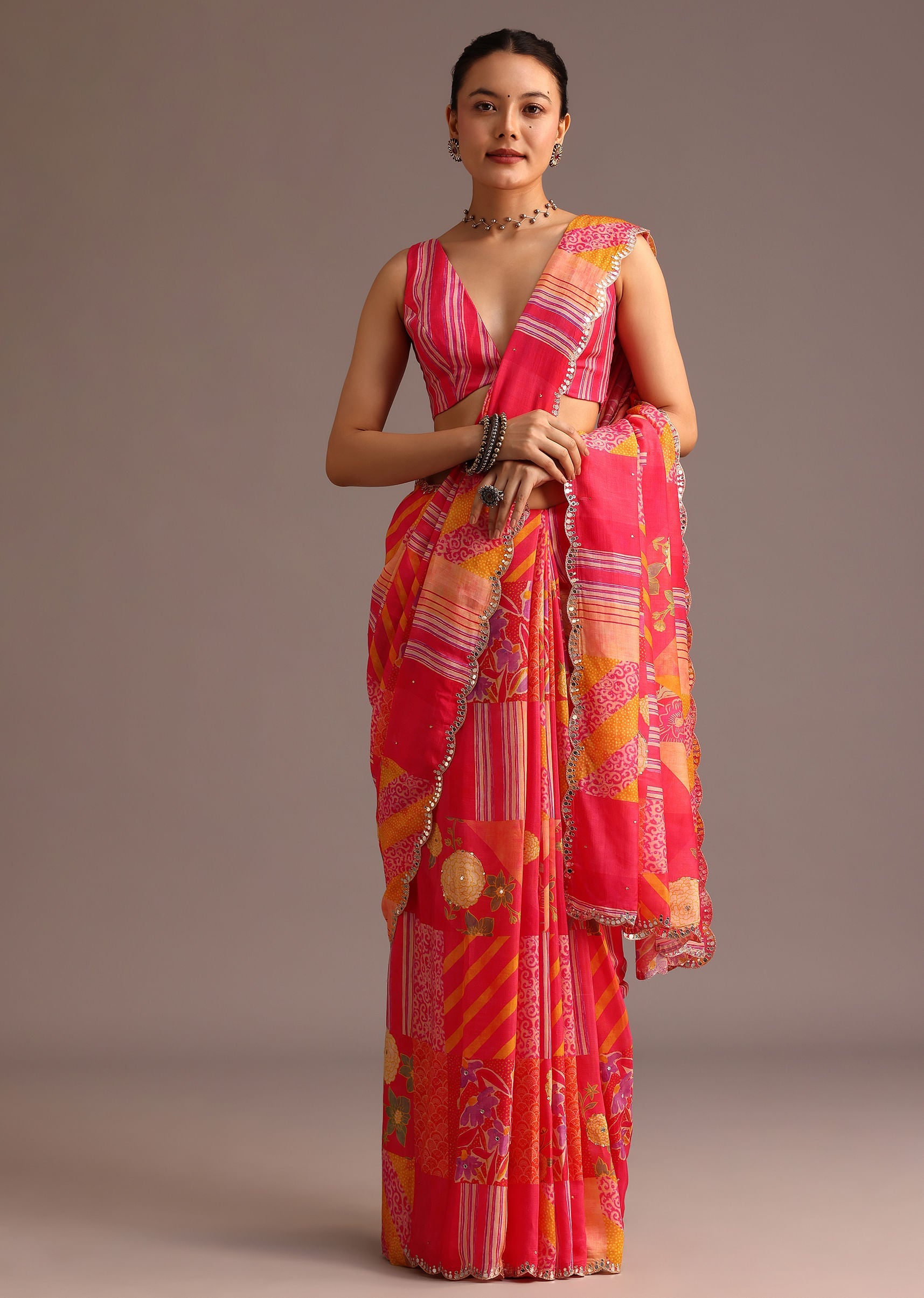 Pink Abstract Printed Muslin Saree